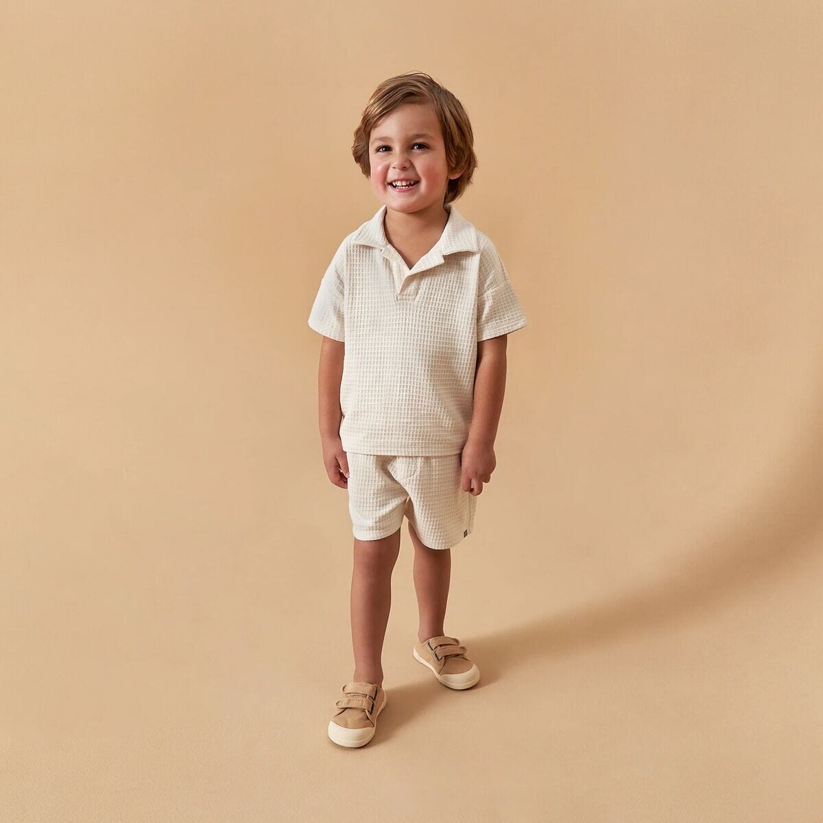 2-Piece Toddler Boys Beige Johnny Collar Shirt and Shorts Set - Image 2