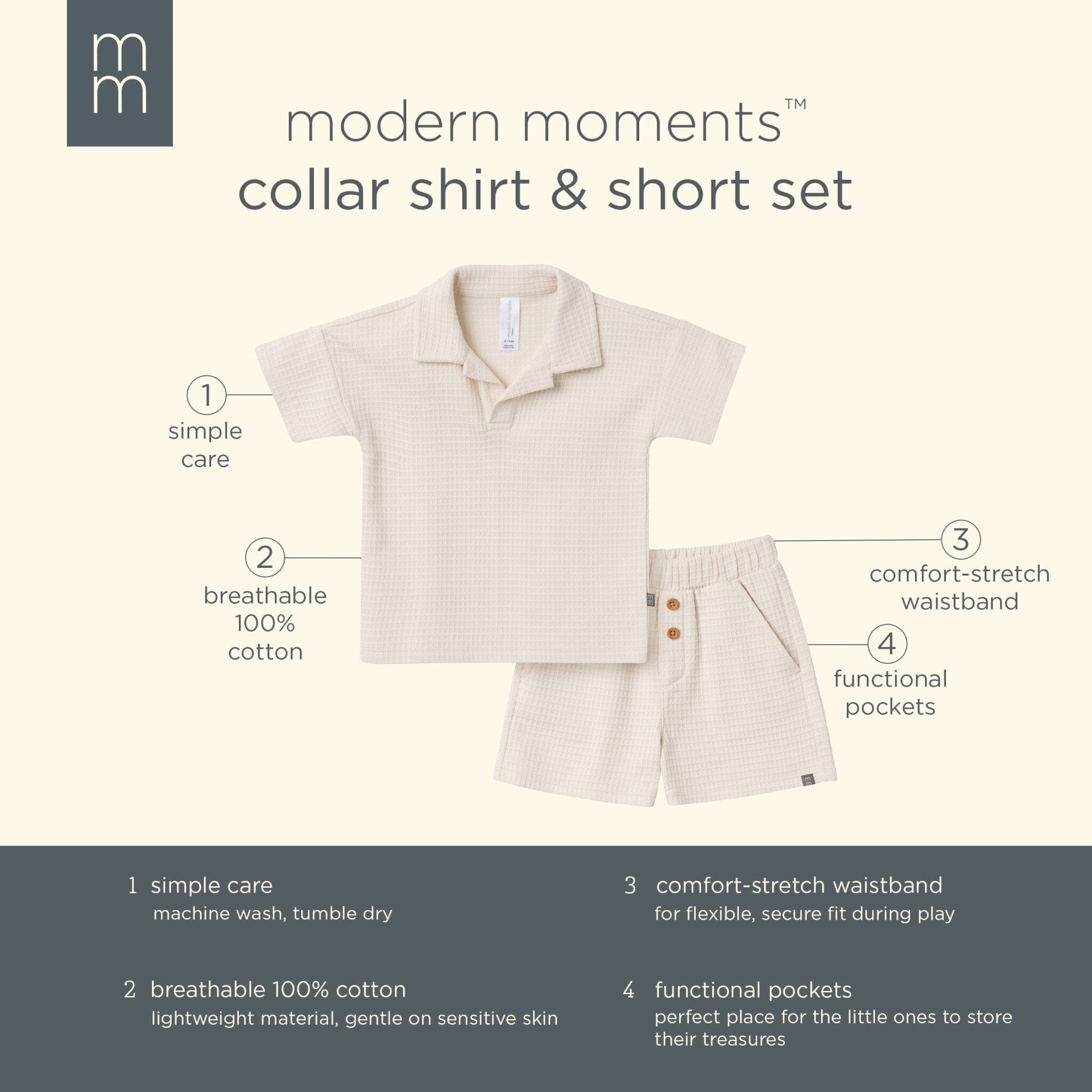 2-Piece Toddler Boys Beige Johnny Collar Shirt and Shorts Set - Image 8