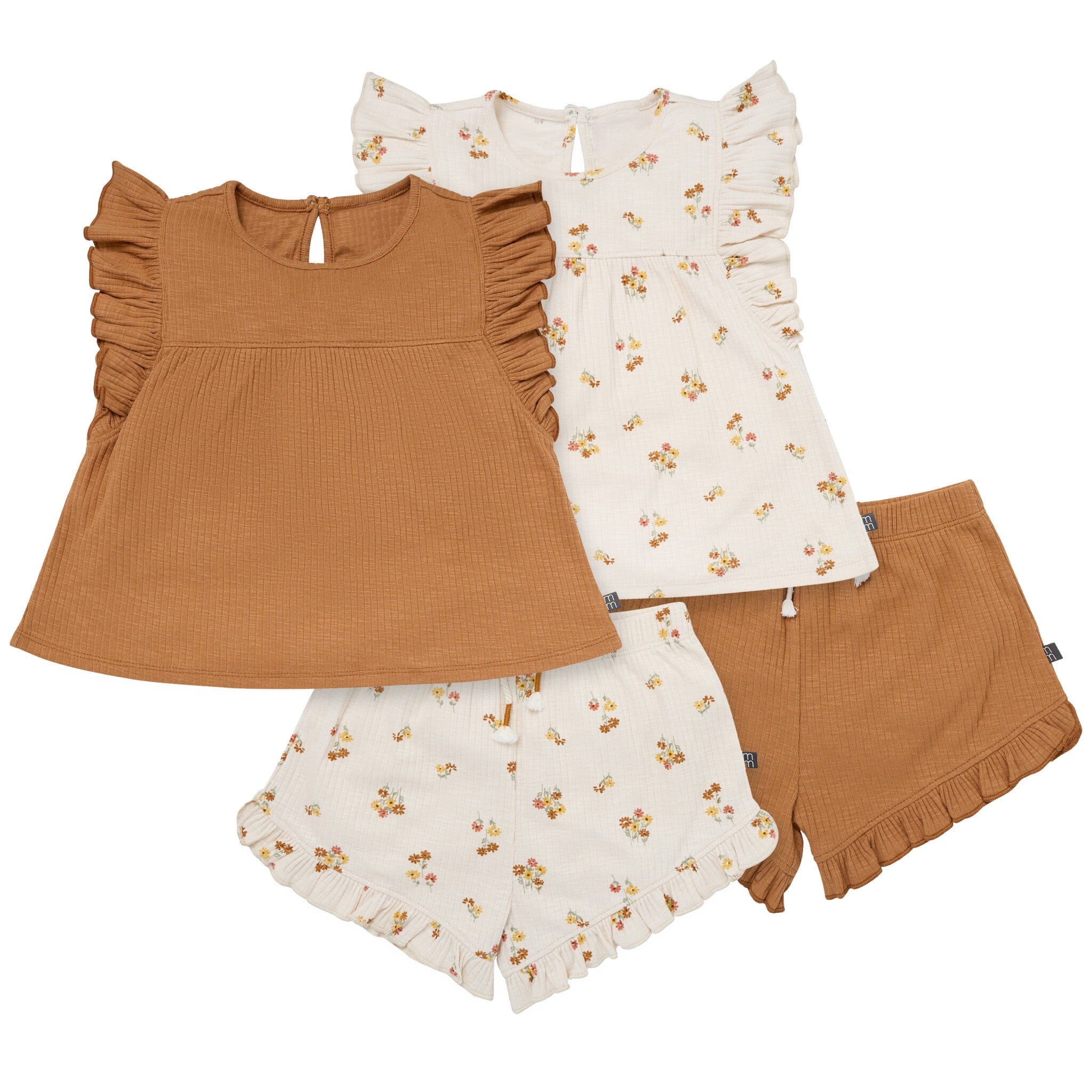 4-Piece Infant & Toddler Girls Beige Flowers Flutter Sleeve Tops and Shorts Set