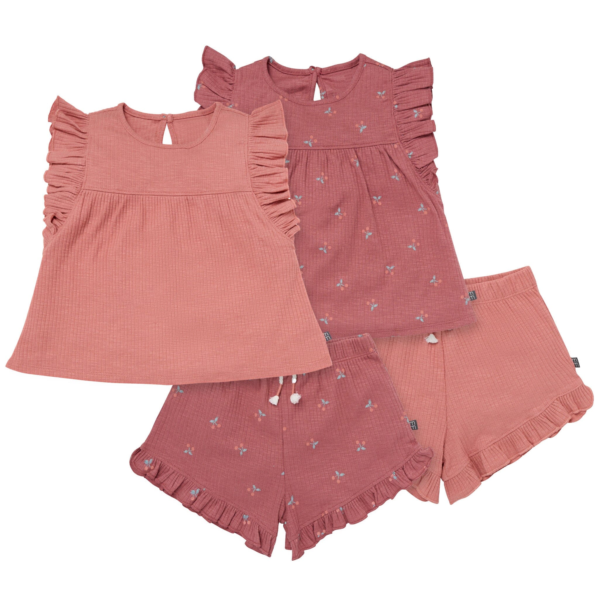 4-Piece Infant & Toddler Girls Rose Cherries Flutter Sleeve Tops and Shorts Set