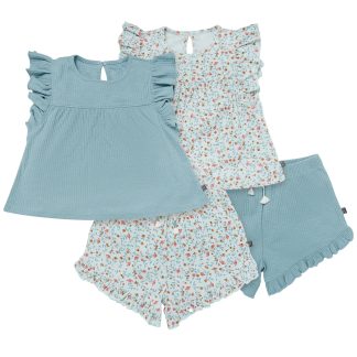 4-Piece Infant & Toddler Girls Vine Floral Flutter Sleeve Tops and Shorts Set