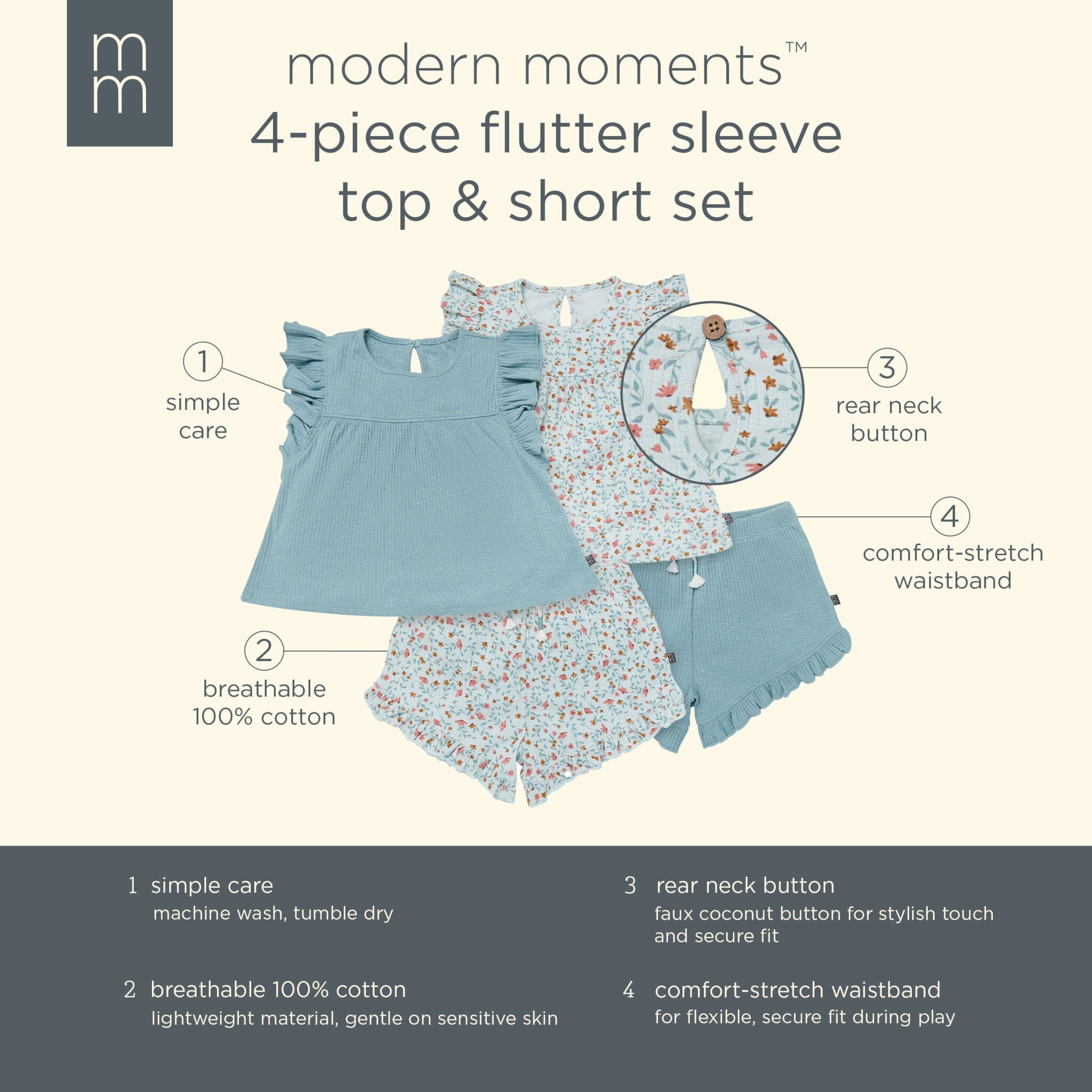 4-Piece Infant & Toddler Girls Vine Floral Flutter Sleeve Tops and Shorts Set - Image 13