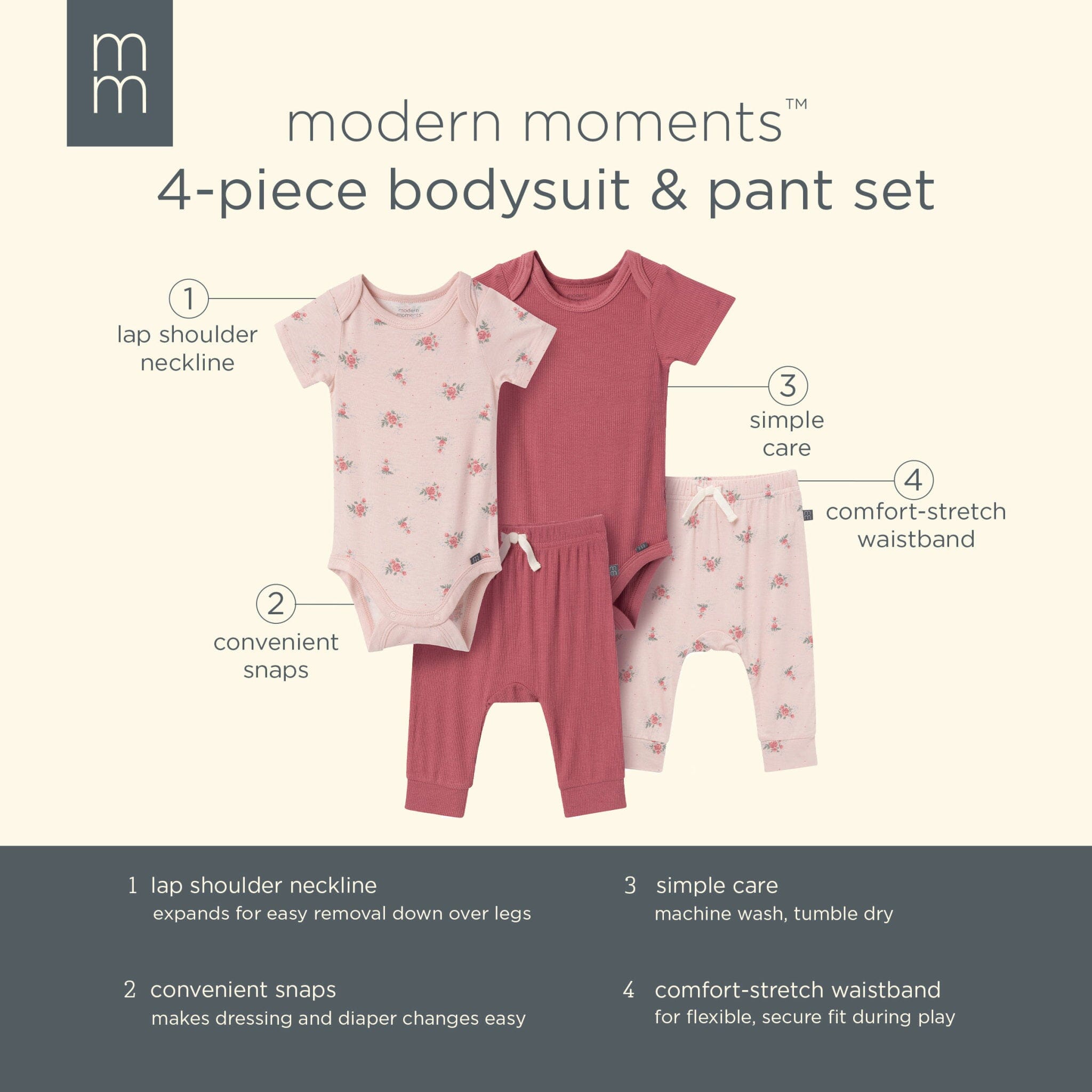 4-Piece Baby Girls Pink Roses Bodysuits and Pants Viscose Set - Image 10