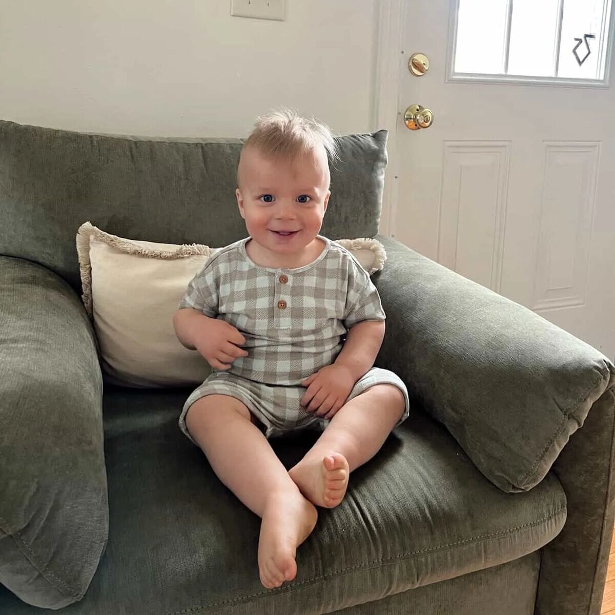2-Piece Baby Boys Light Sky Gingham Henley Shirt and Shorts Set - Image 2