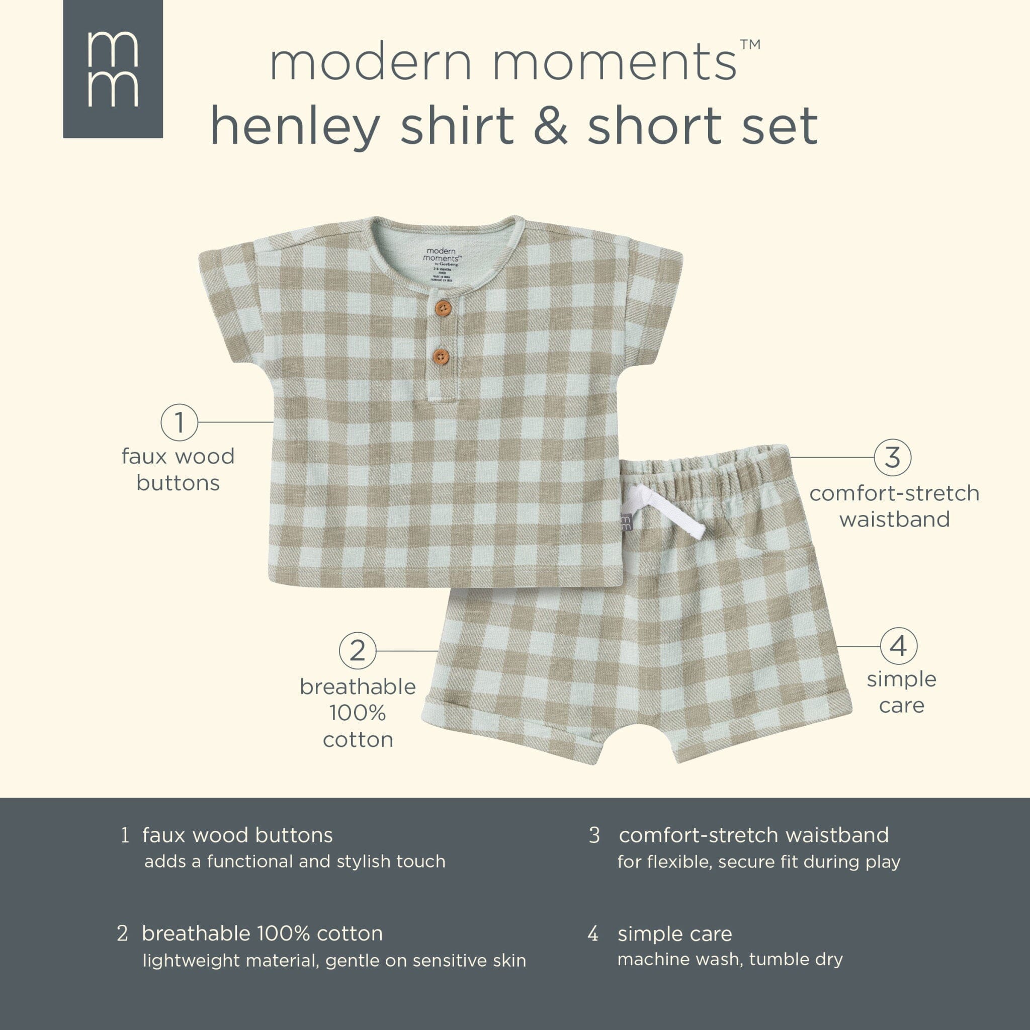 2-Piece Baby Boys Light Sky Gingham Henley Shirt and Shorts Set - Image 8