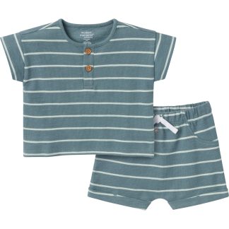 2-Piece Baby Boys Teal Stripe Henley Shirt and Shorts Set