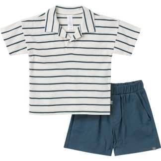 2-Piece Toddler Boys Ivory Stripe Johnny Collar Shirt and Shorts Set