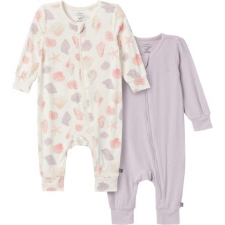 2-Pack Baby Girls Ivory Seashells Zip Front Viscose Rompers