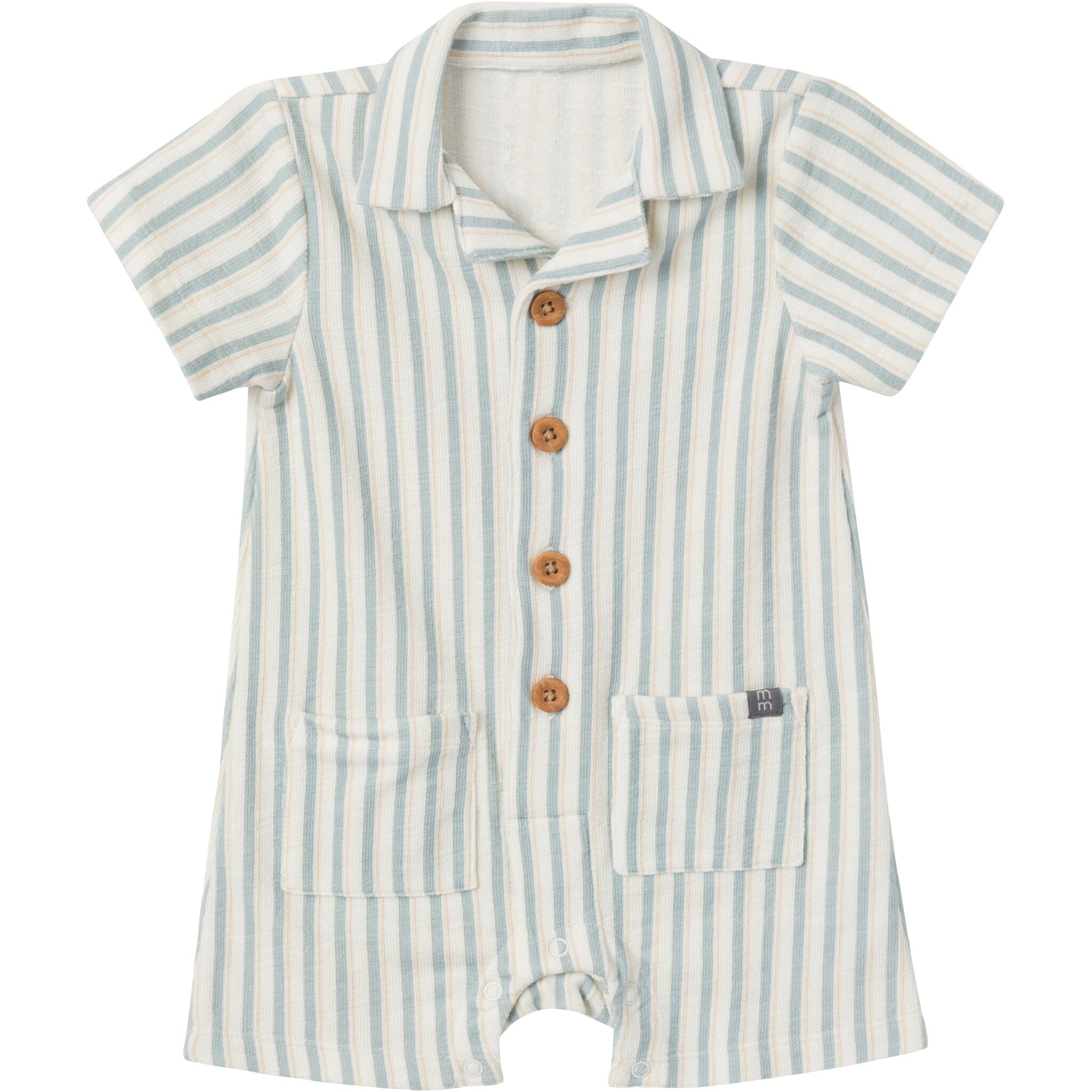 Baby Boys Teal Stripe Collared Short Sleeve Romper