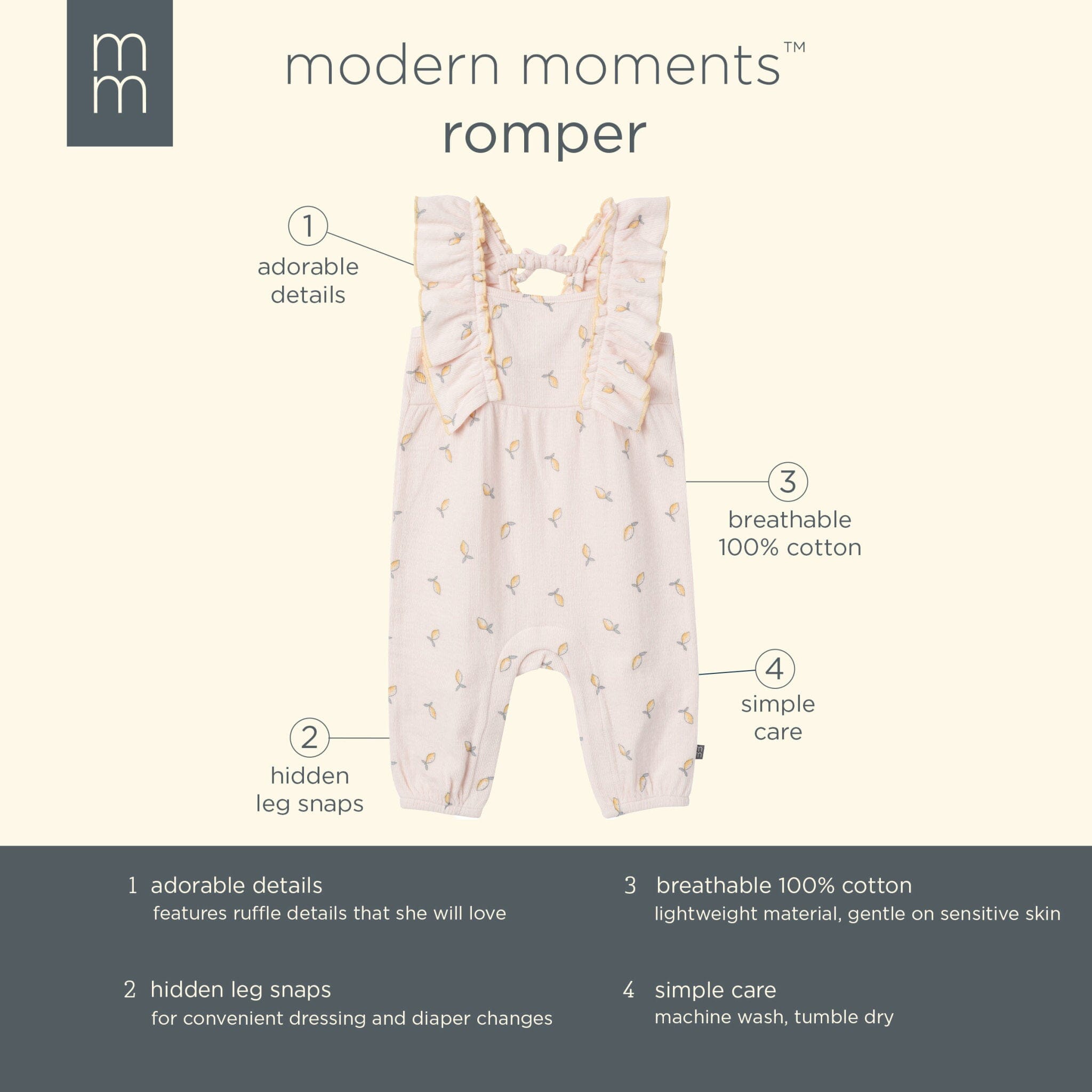 Baby Girls Rose Lemons Ruffles Long Leg Romper - Image 6