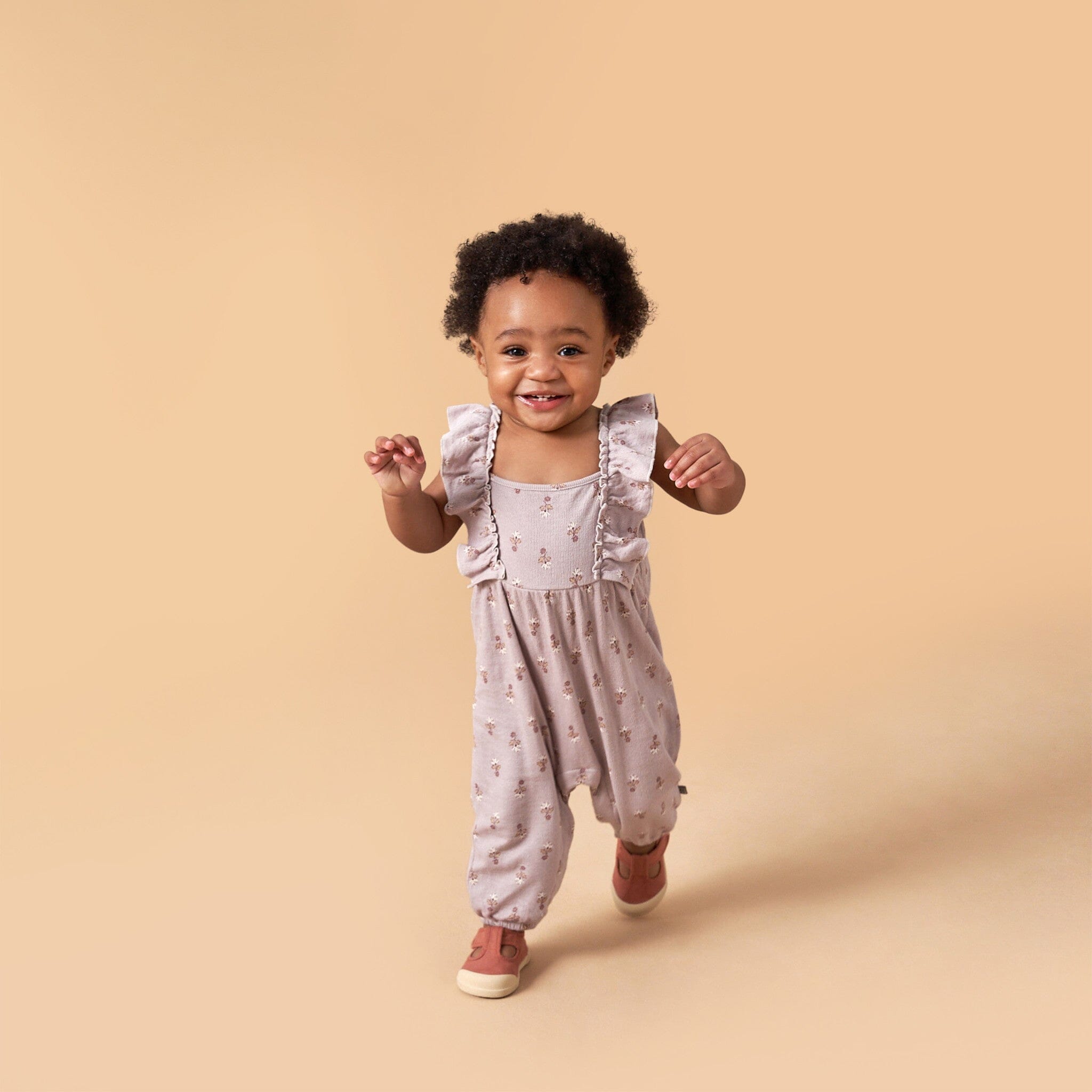 Baby Girls Lilac Stamp Fleur Ruffles Long Leg Romper - Image 2