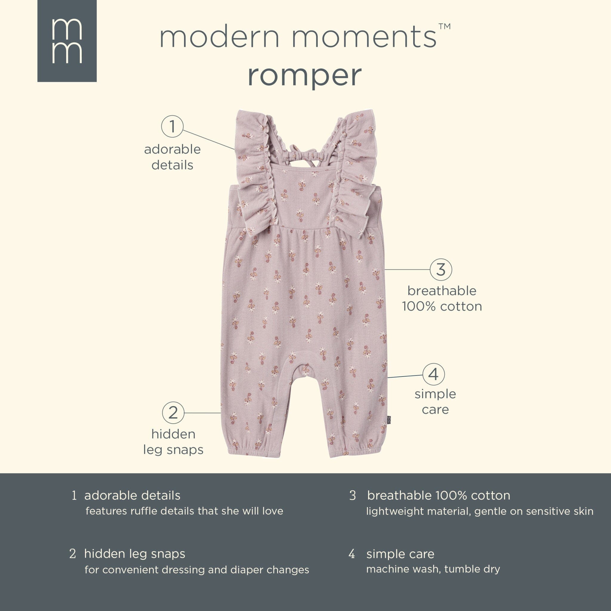Baby Girls Lilac Stamp Fleur Ruffles Long Leg Romper - Image 7