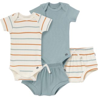 4-Piece Baby Boys Ivory Stripe Short Sleeve Bodysuits and Shorts Set