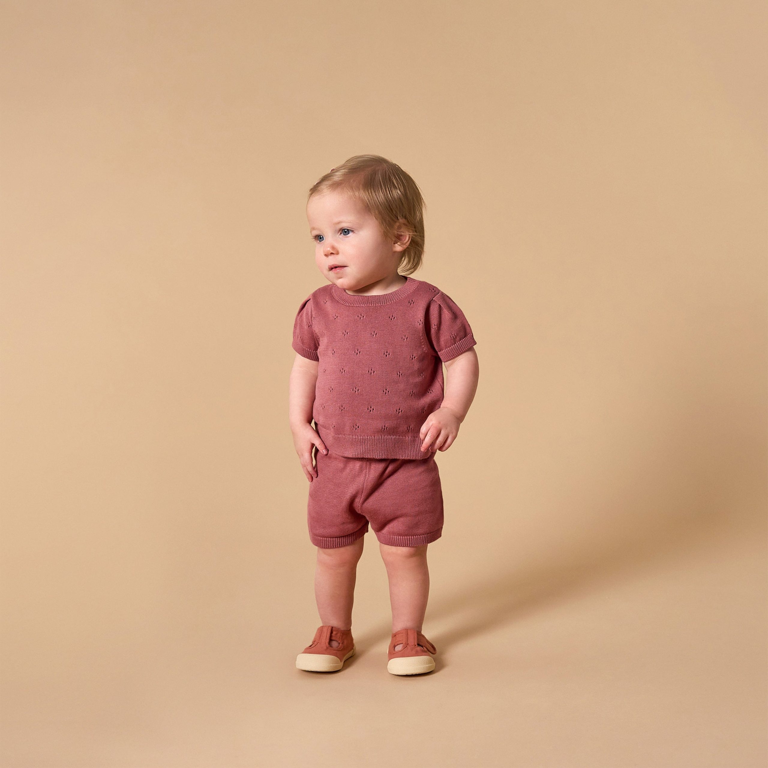 2-Piece Baby Girls Dark Rose Sweater Knit Top and Shorts Set - Image 2
