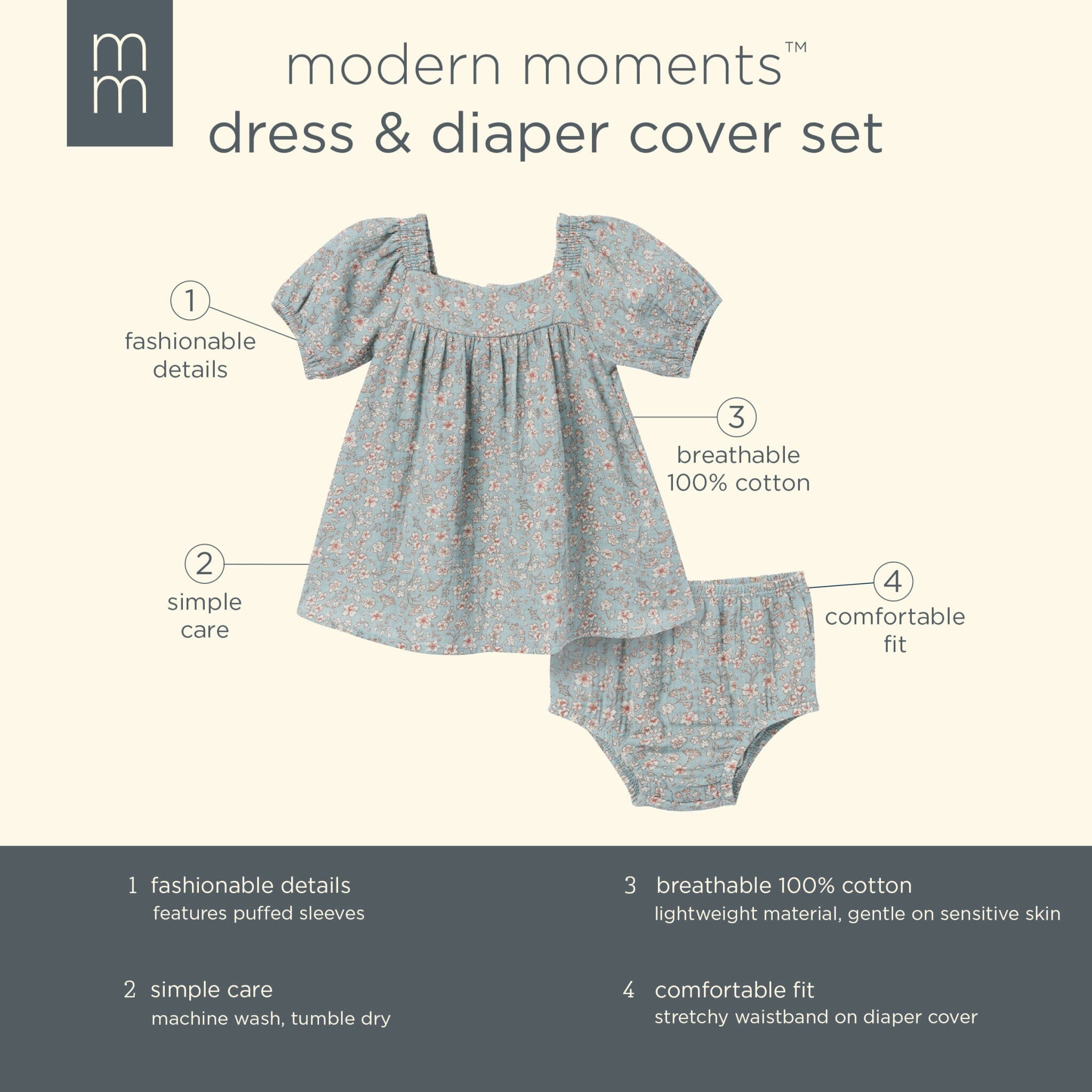 2-Piece Baby Girls Teal Ditsy Puffed Sleeve Dress and Diaper Cover - Image 7