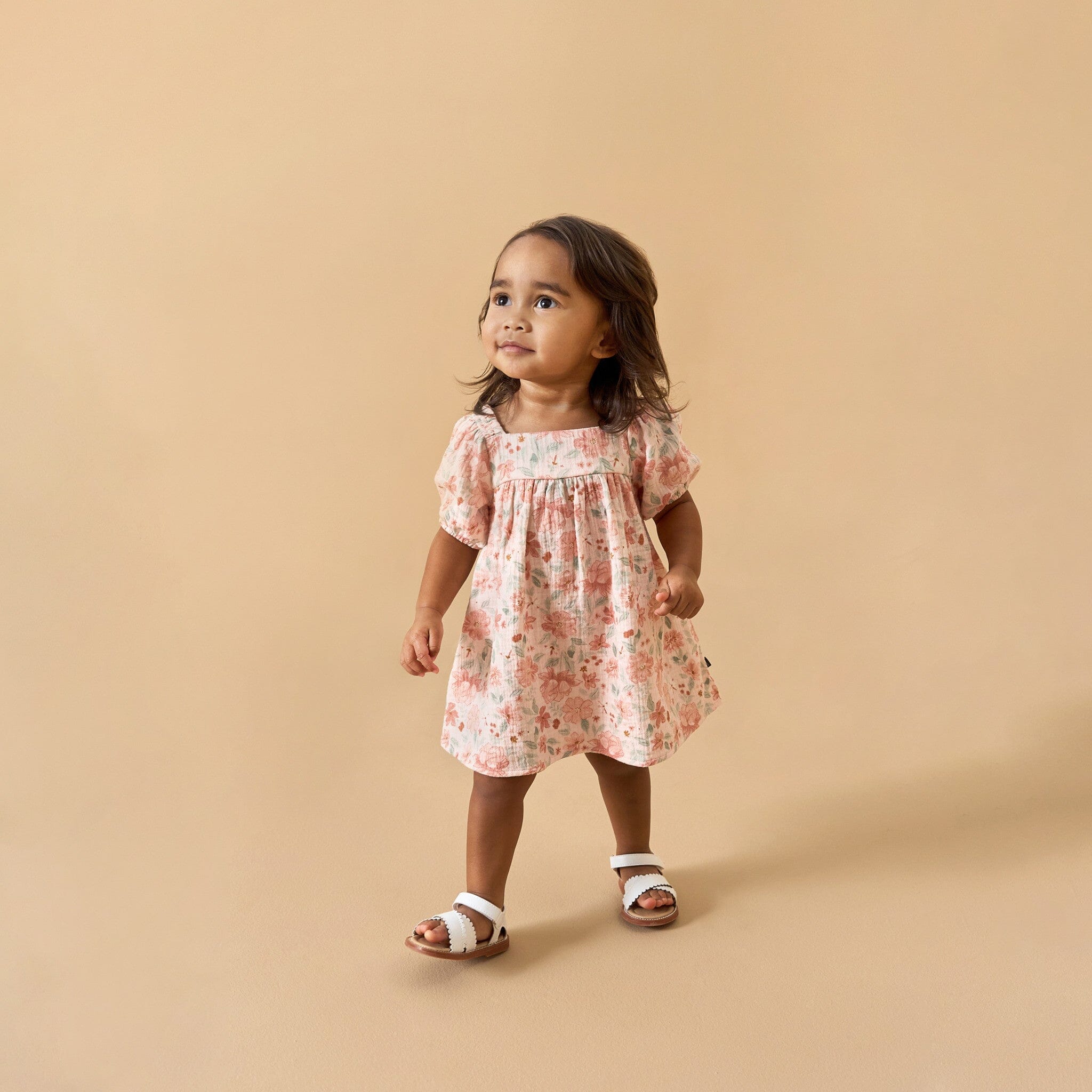 2-Piece Baby Girls Light Rose Watercolor Floral Puffed Sleeve Dress and Diaper Cover - Image 3