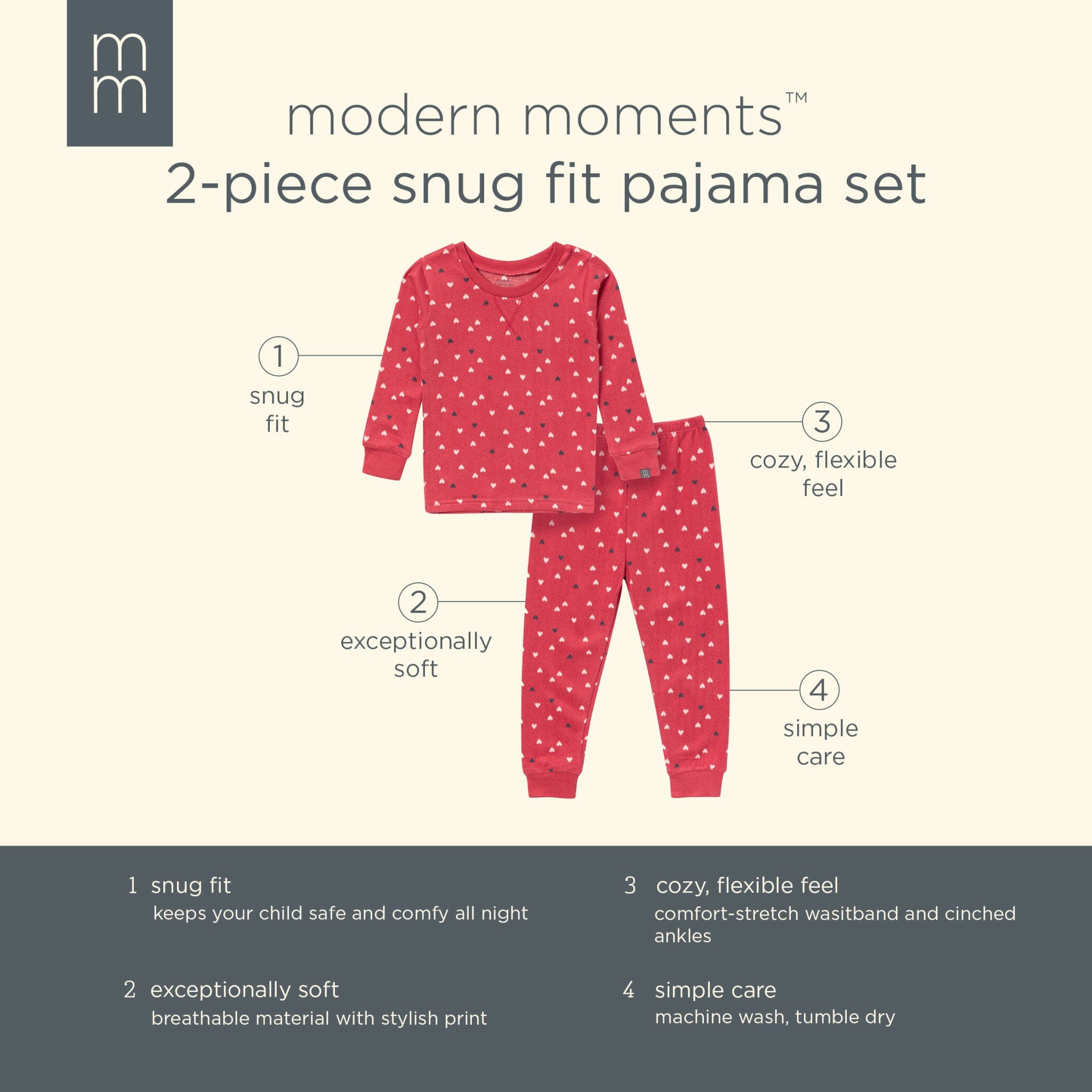 2-Piece Infant and Toddler Neutral Red Hearts Snug Fitting Hacci Pajamas - Image 9