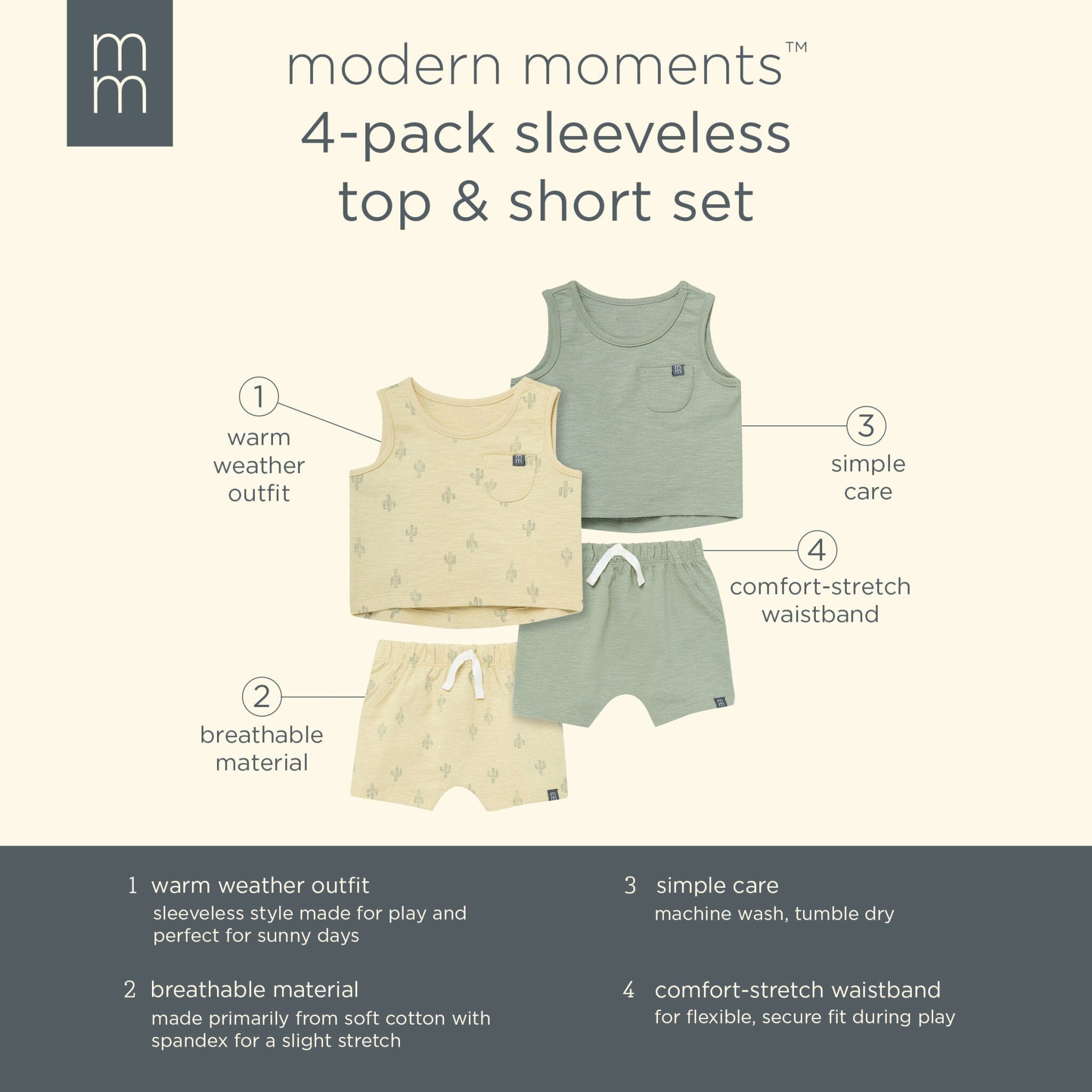 4-Piece Baby Boys Dusty Yellow Cactus Sleeveless Shirts and Shorts Set - Image 9
