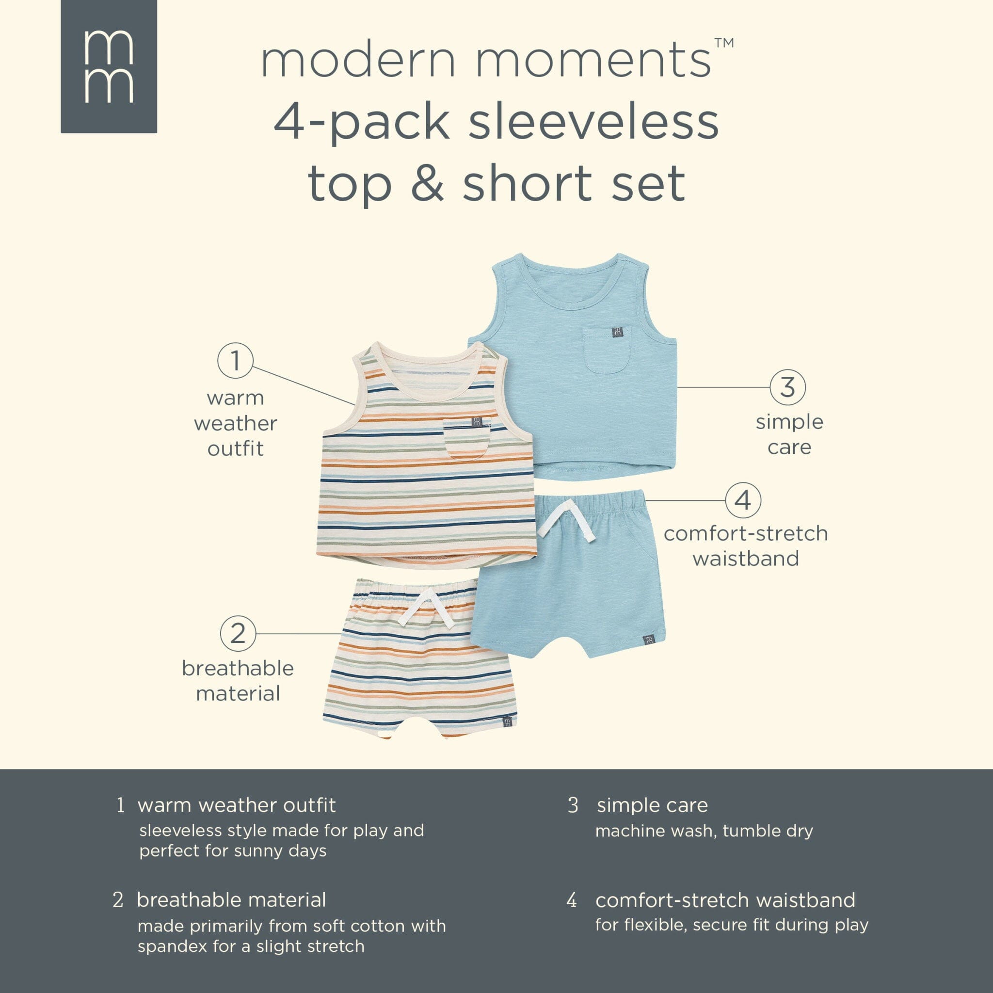 4-Piece Baby Boys Beige Stripe Sleeveless Shirts and Shorts Set - Image 9
