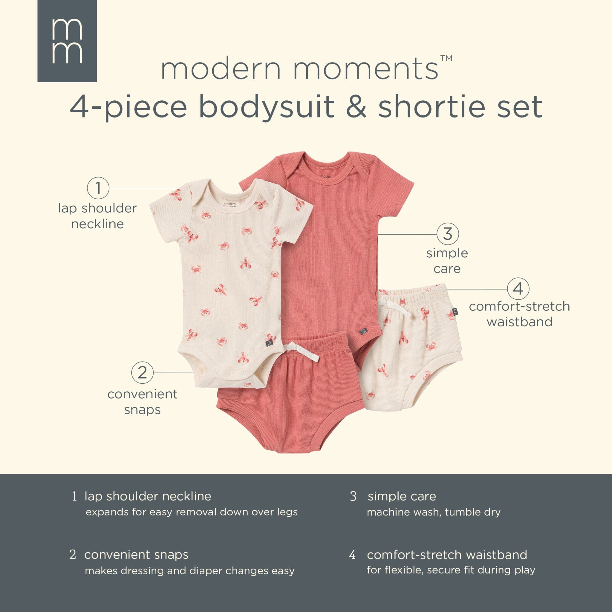 4-Piece Baby Neutral Beige Lobster Short Sleeve Bodysuits and Shorts Set - Image 13