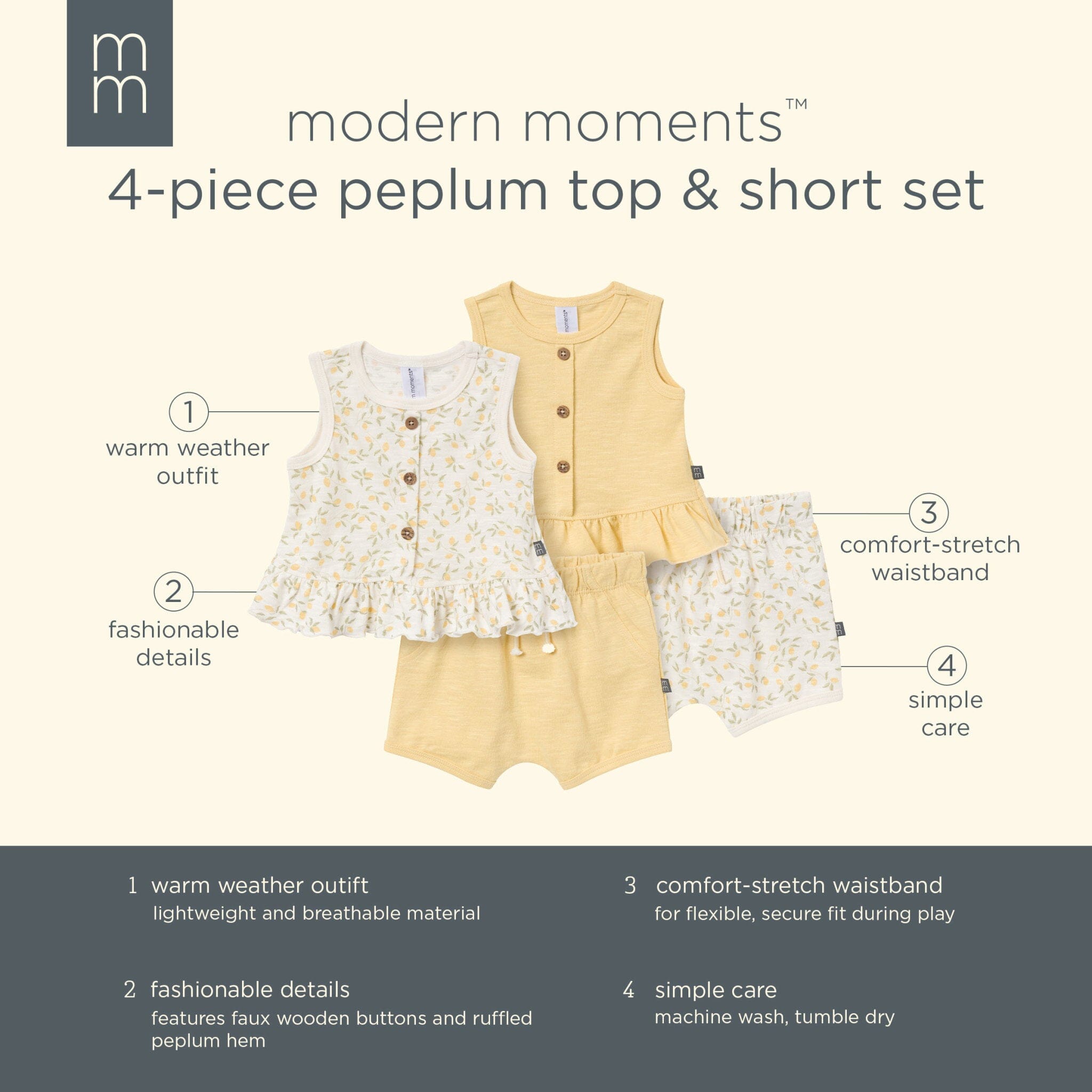 4-Piece Baby Girls Lemon Vines Sleeveless Peplum Tops and Shorts Set - Image 12