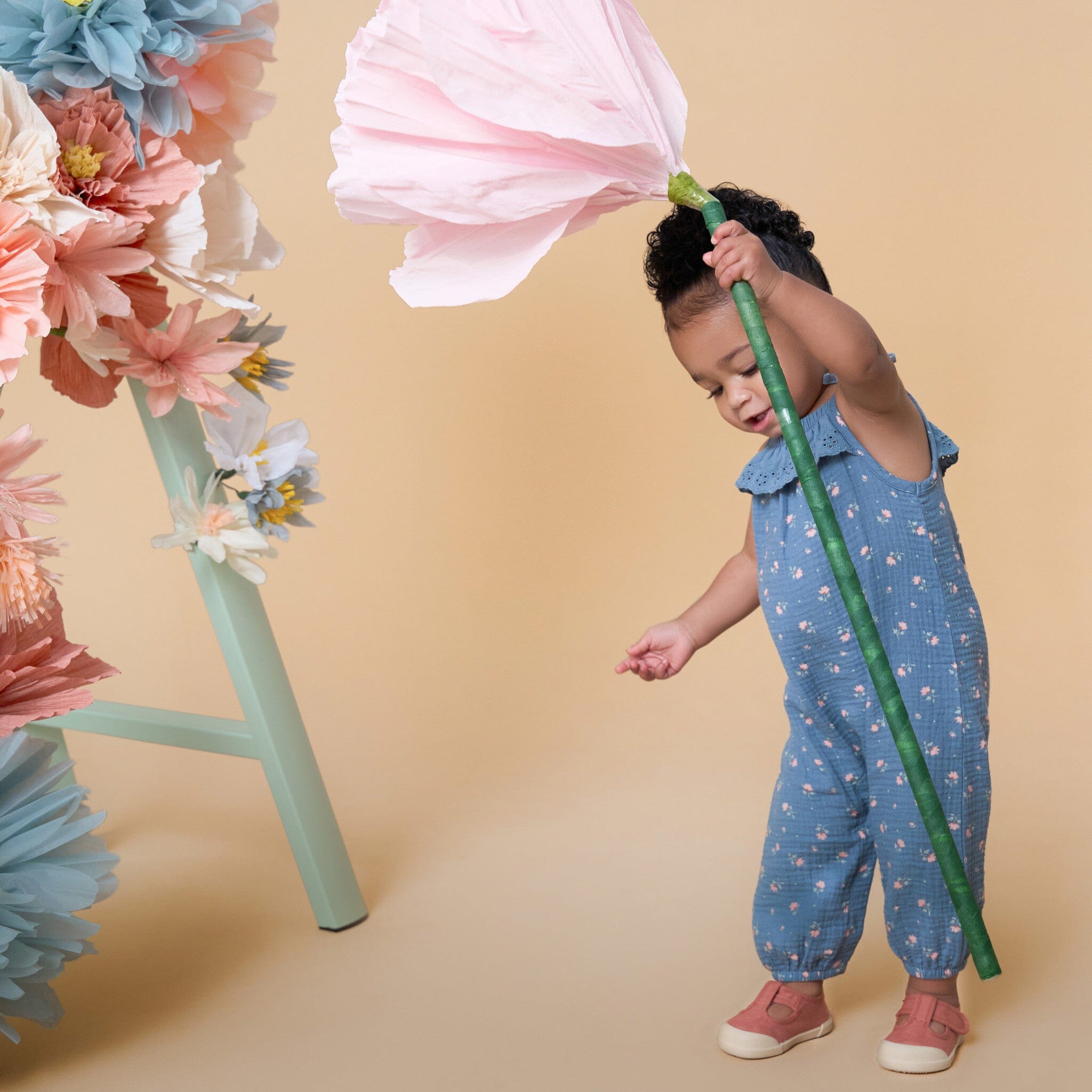 Baby Girls Teal Aster Flower Sleeveless Ruffle Romper - Image 3