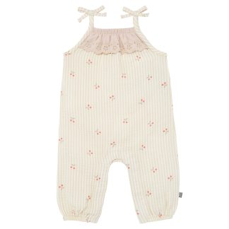 Baby Girls Beige Cherry Stripe Sleeveless Ruffle Romper