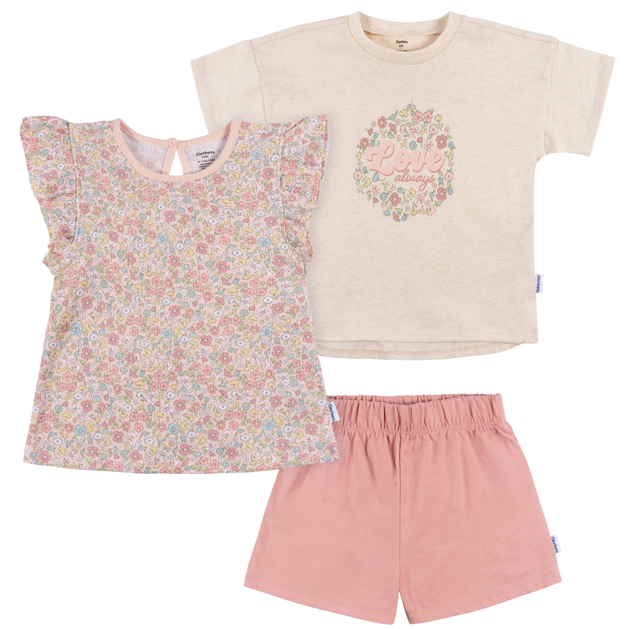 3-Piece Infant & Toddler Girls Pink Floral Shirts and Shorts Set