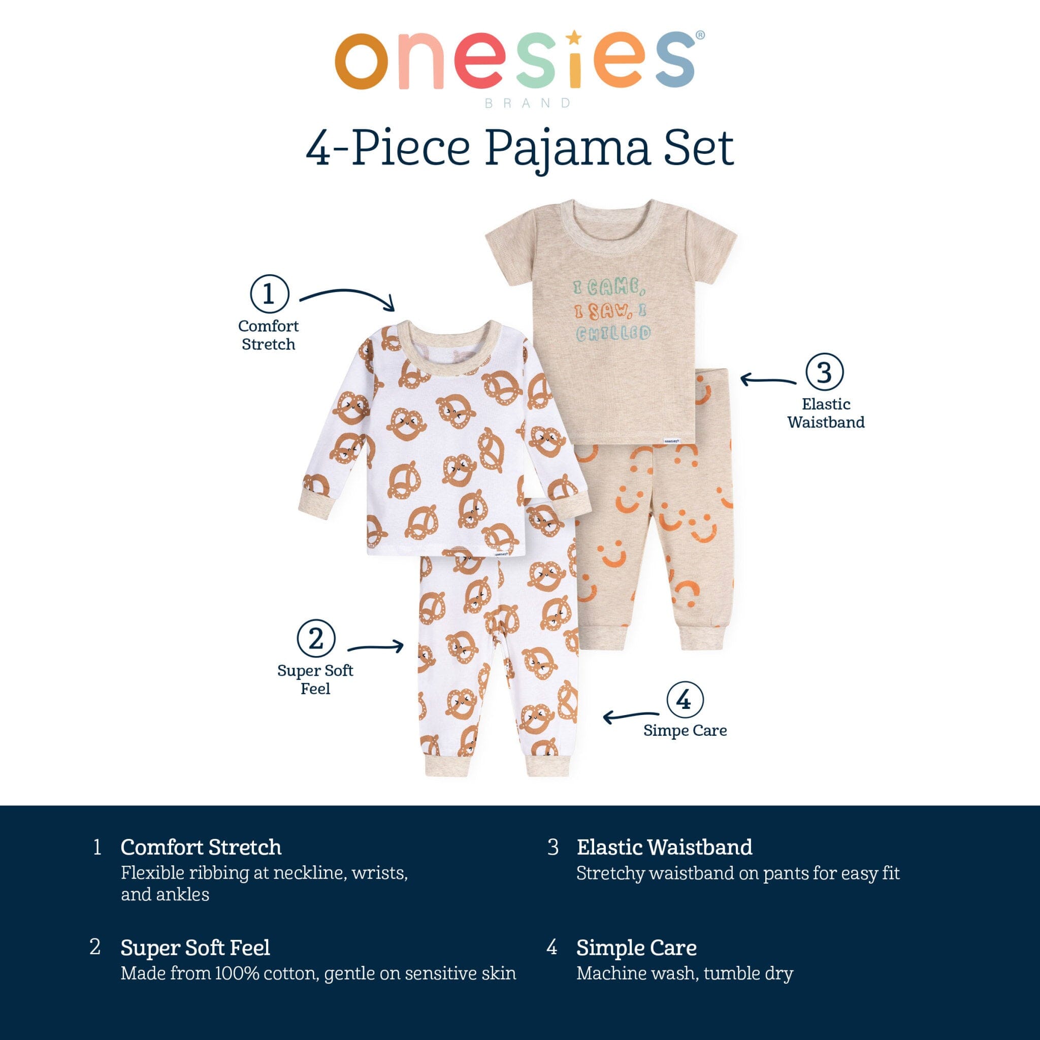 4-Piece Baby Neutral Pretzels Pajamas Sets - Image 6