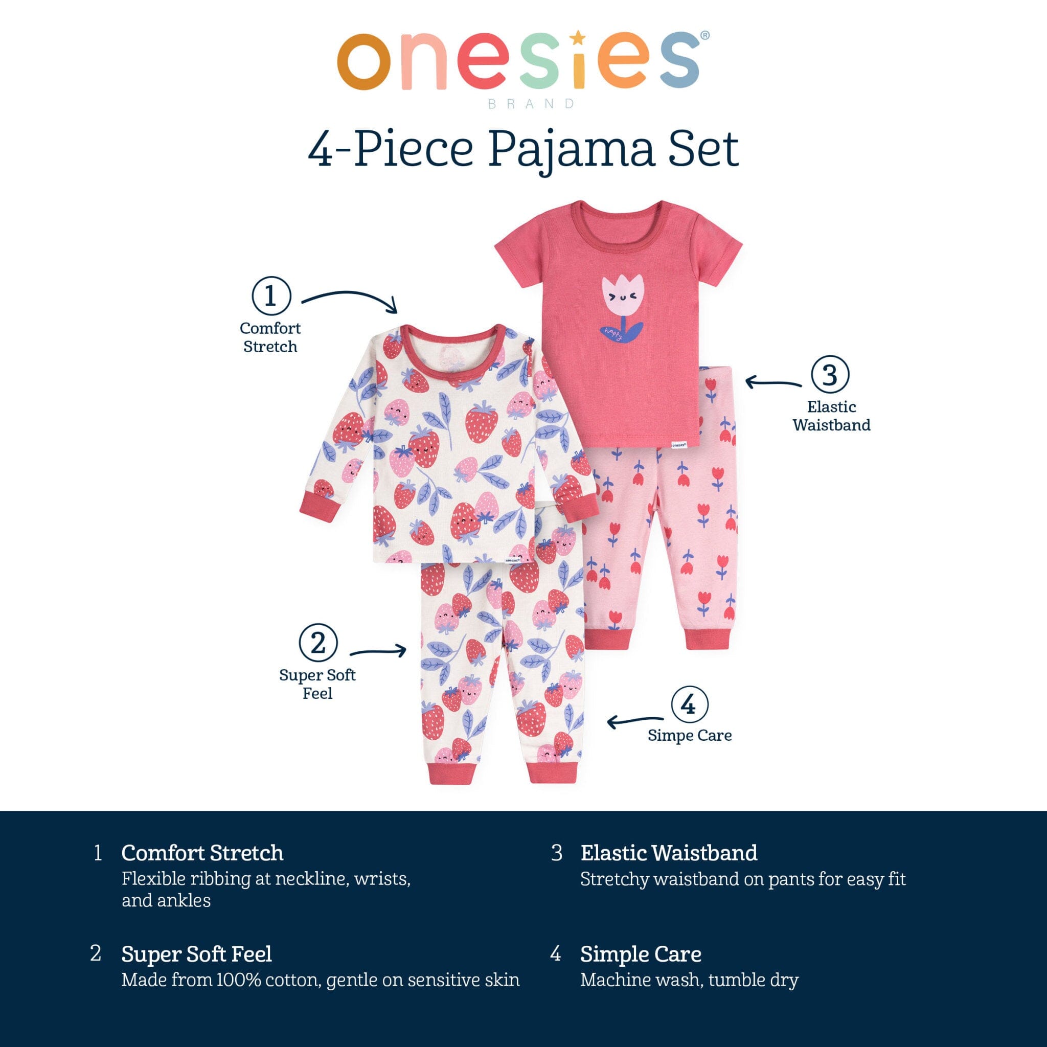 4-Piece Baby Girls Berries Pajamas Sets - Image 6