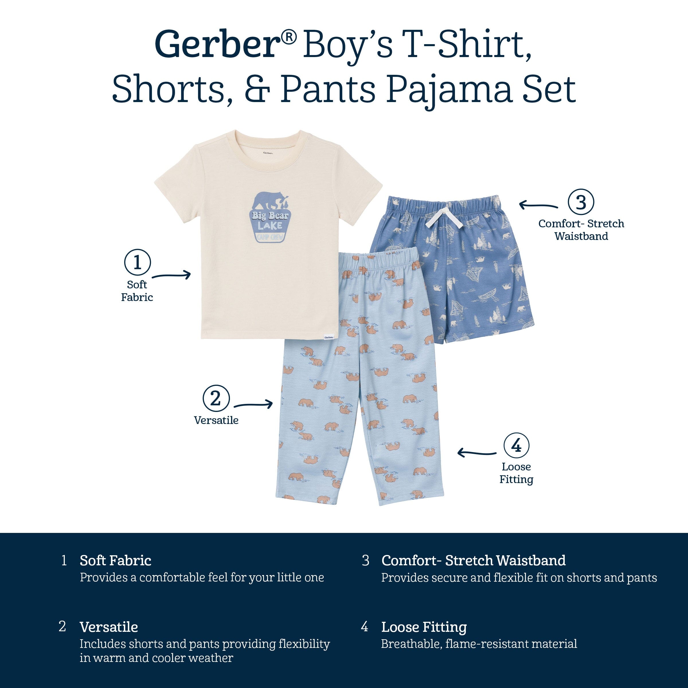 3-Piece Toddler Boys Bear T-Shirt, Shorts & Pants Pajama Set - Image 9