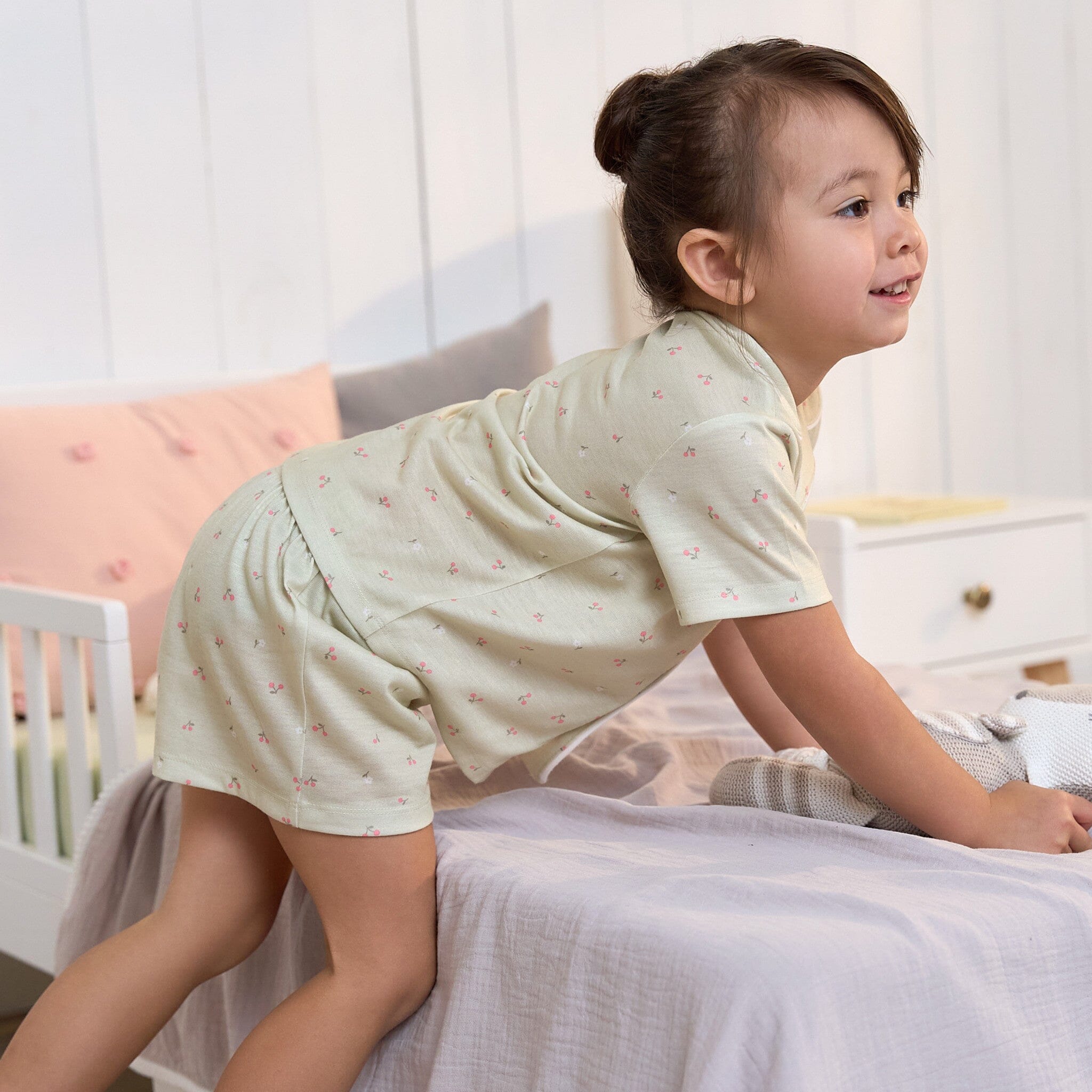 2-Piece Infant & Toddler Girls Cherries Button Up Pajama Shorts Set - Image 4