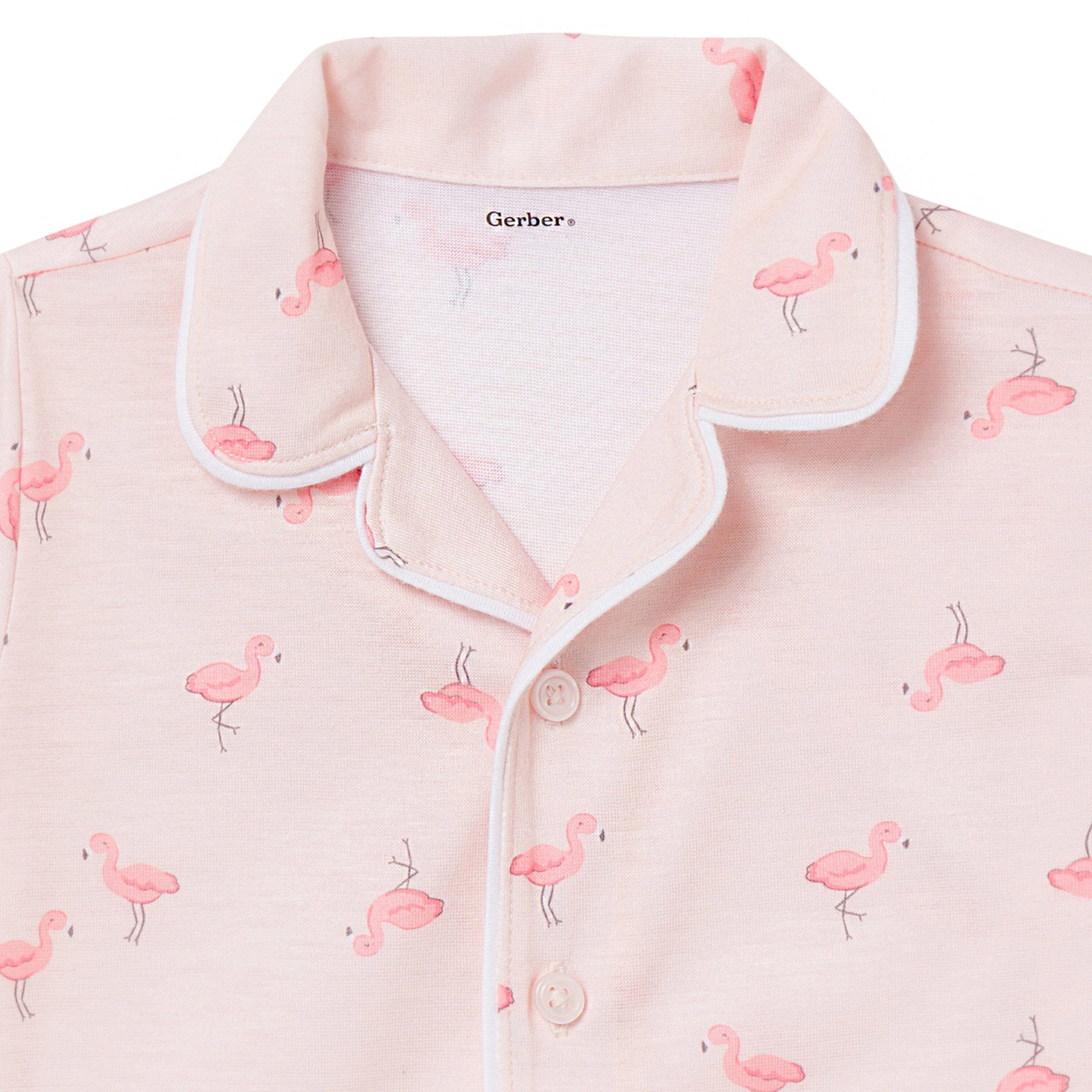 2-Piece Infant & Toddler Girls Flamingoes Button Up Pajama Shorts Set - Image 3