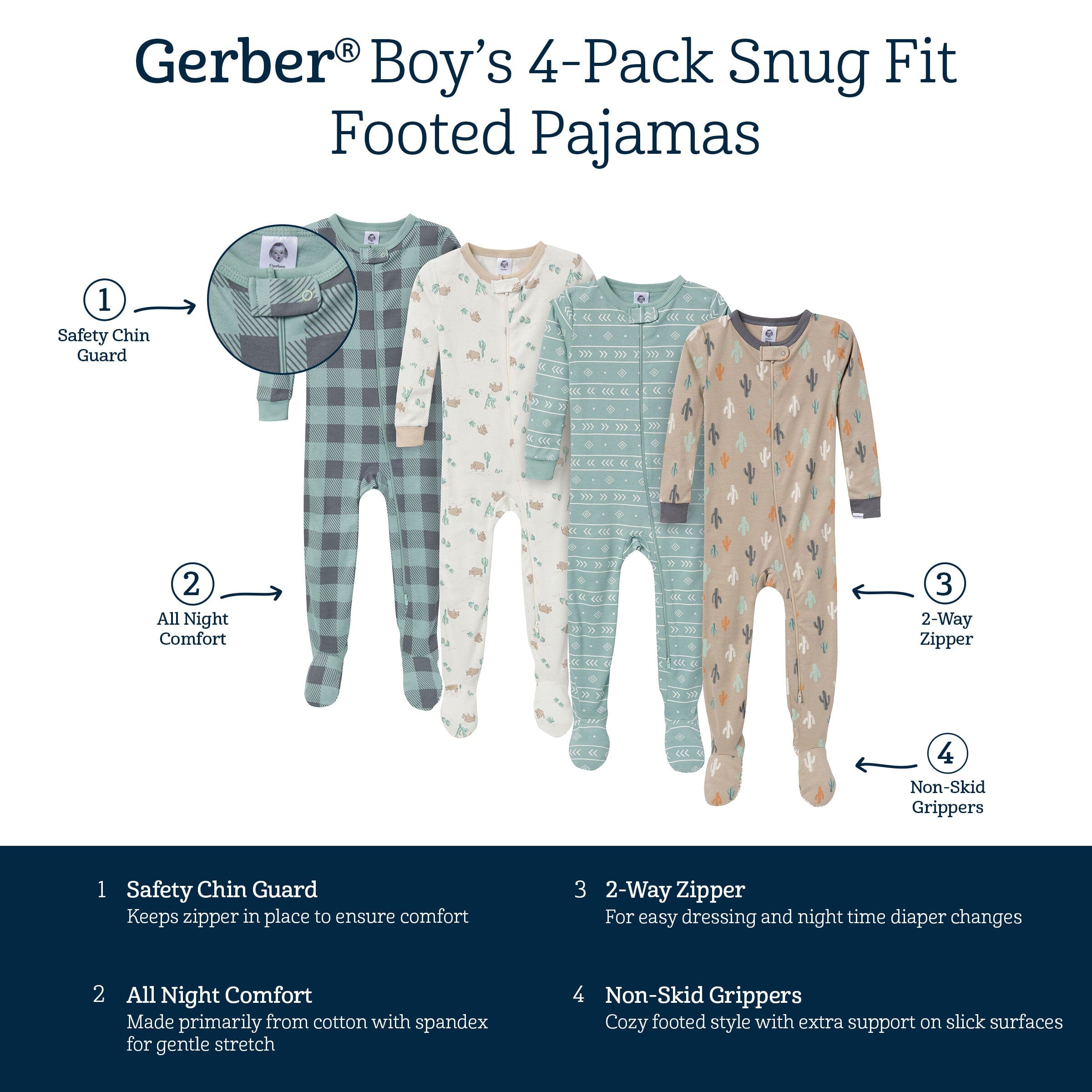 4-Pack Baby & Toddler Boys Desert Animals Snug Fit Footed Pajamas - Image 7