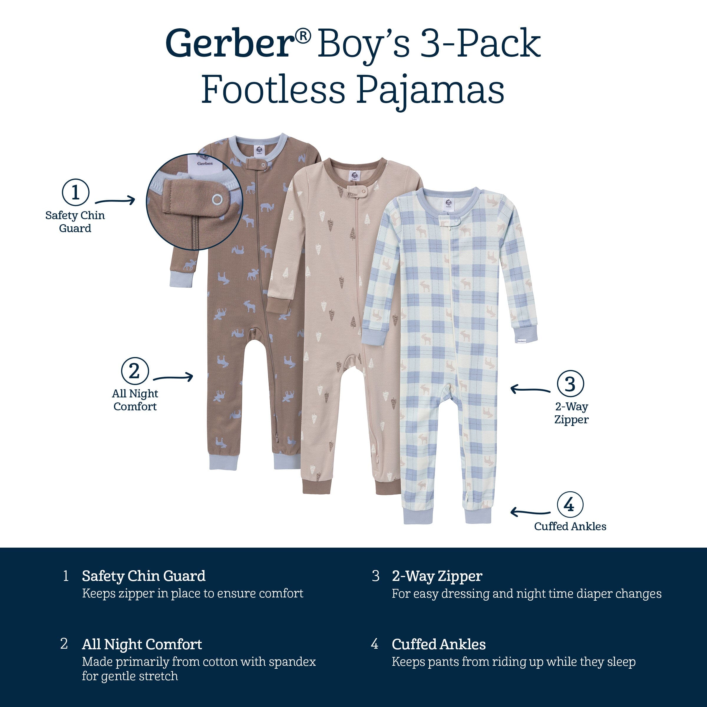 3-Pack Baby & Toddler Neutral Moose & Trees Snug Fit Footless Pajamas - Image 6