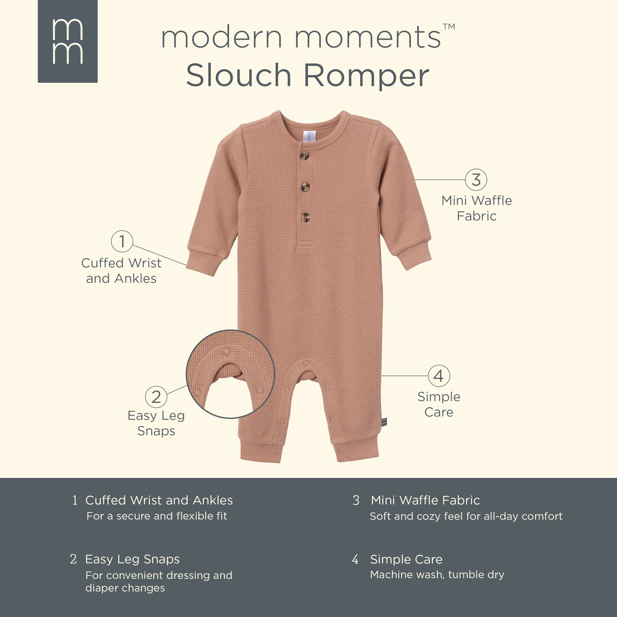 Baby Boys Taupe Waffle Slouch Romper - Image 5