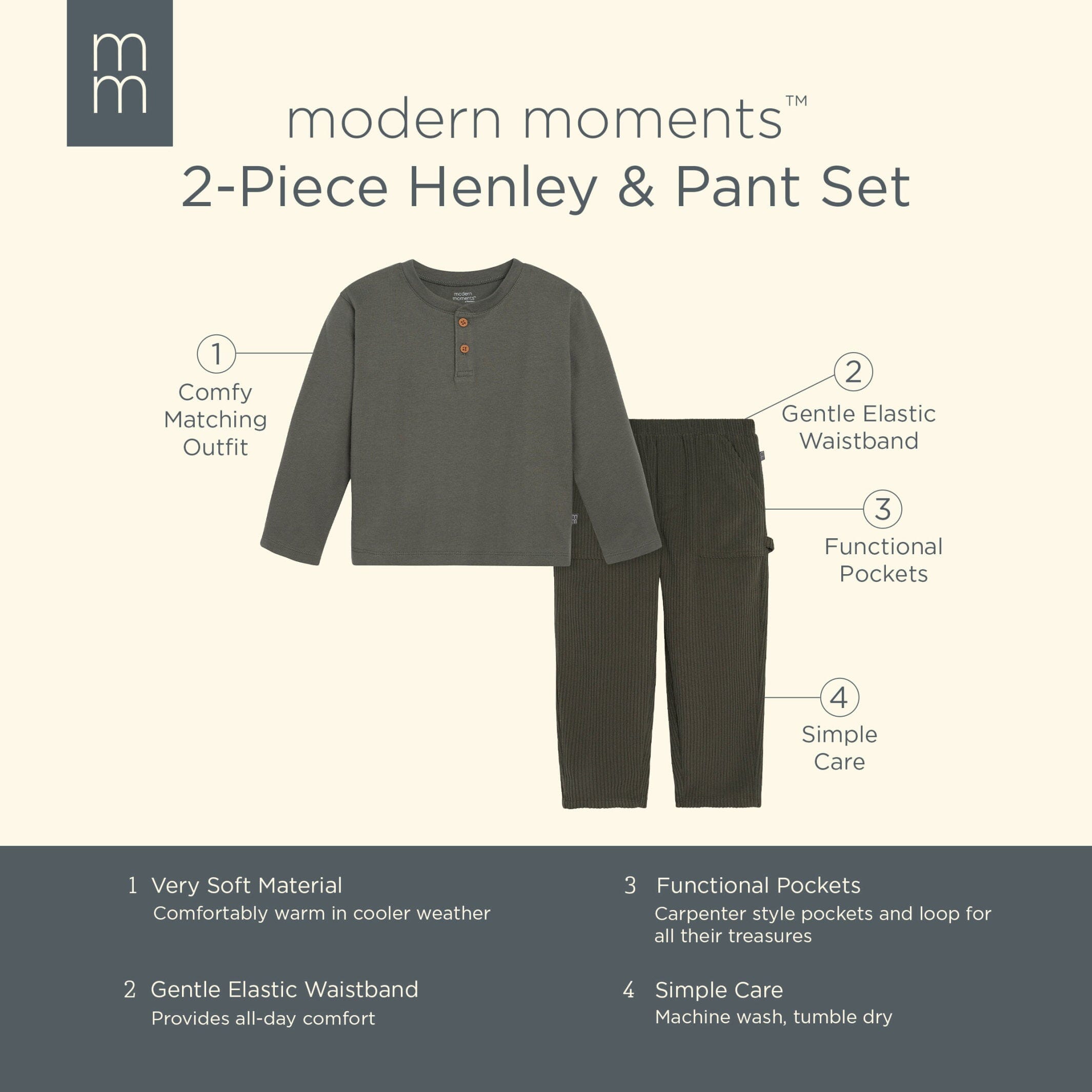 2-Piece Infant & Toddler Boys Dark Green Henley Shirt and Pant Set - Image 10