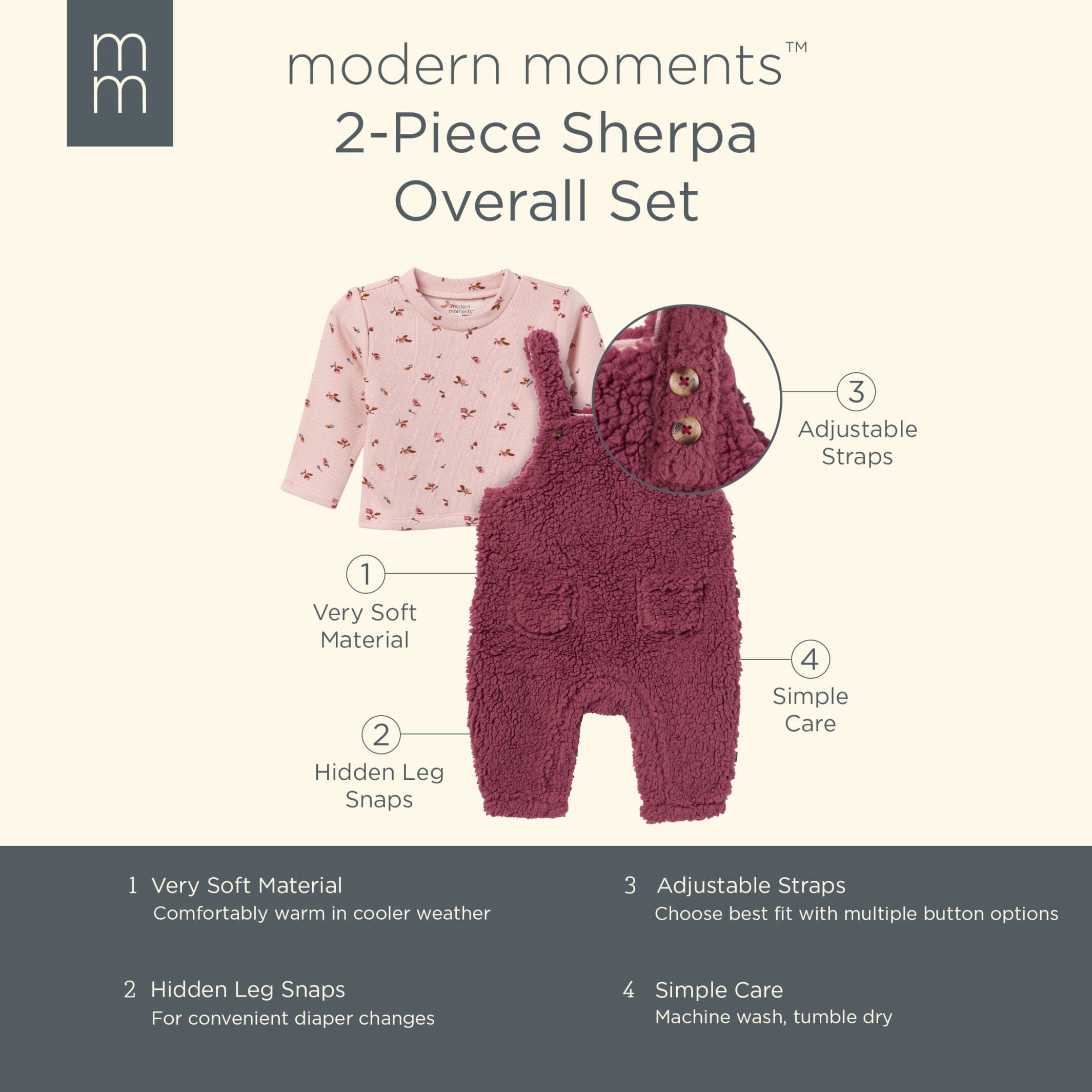 2-Piece Baby Girls Dark Rose Microplush Overalls - Image 8