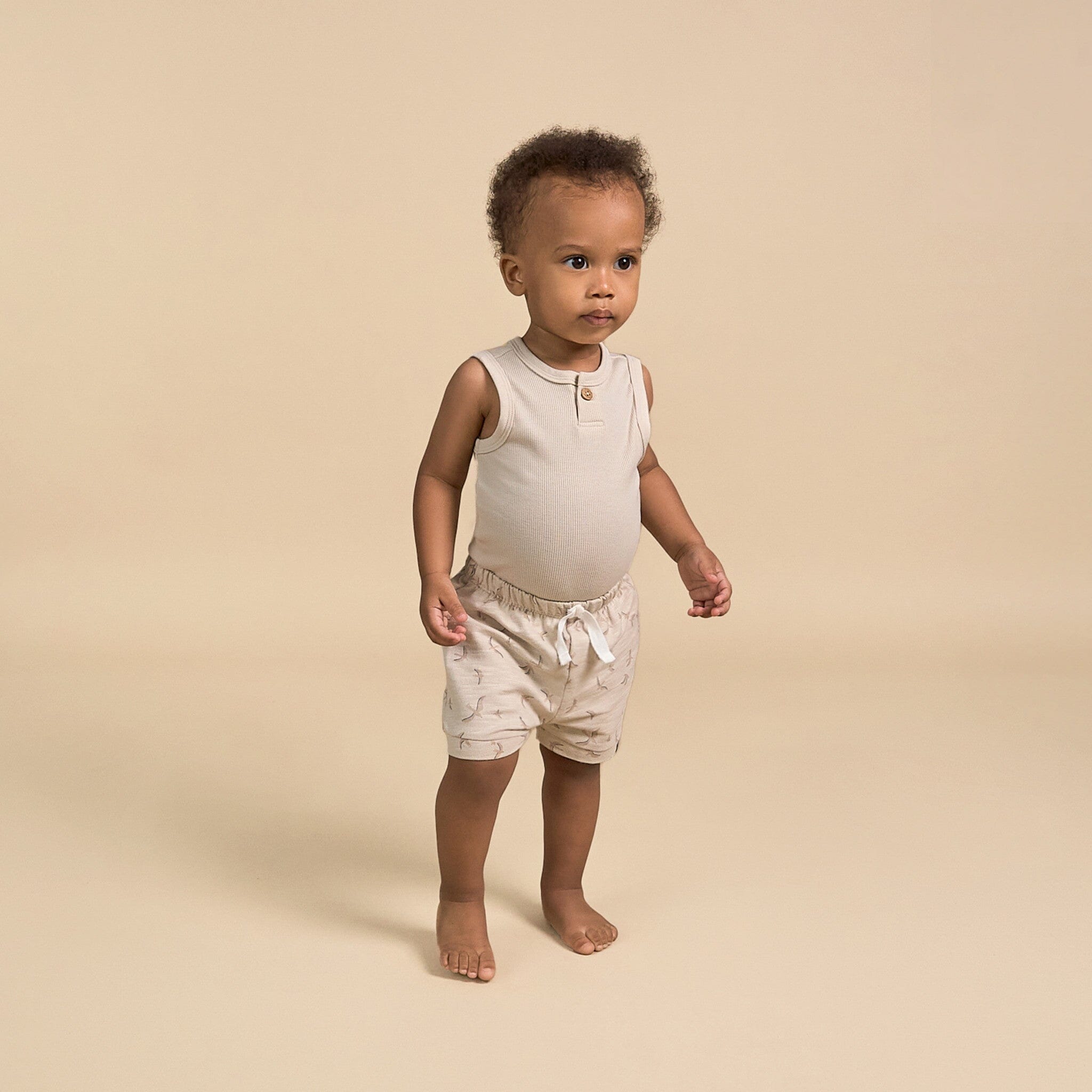 4-Piece Baby Boys Tan & Blue Bodysuits and Shorts Set - Image 2