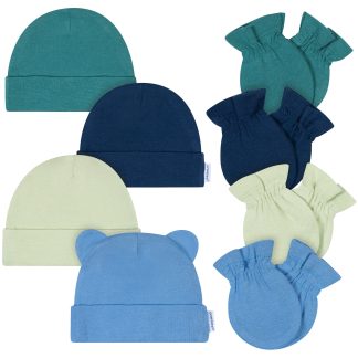 8-Piece Baby Boys Blue Cap & Mitten Set