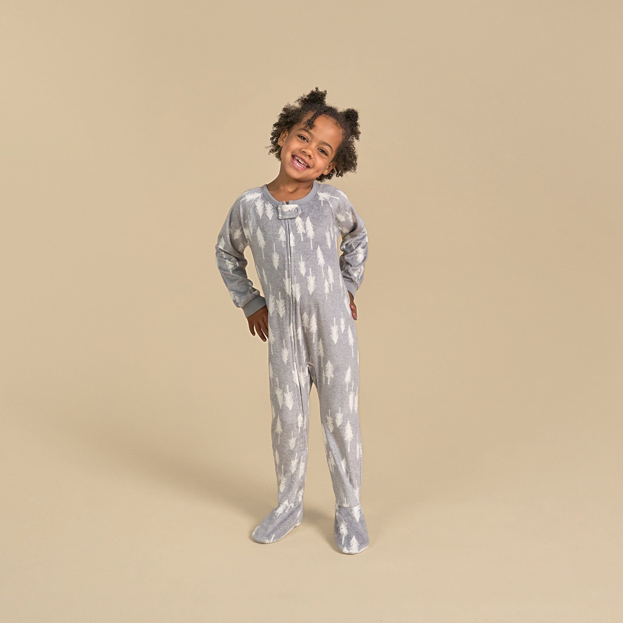 Infant and Toddler Neutral Grey Heather Trees Footed Fleece Pajamas - Image 2