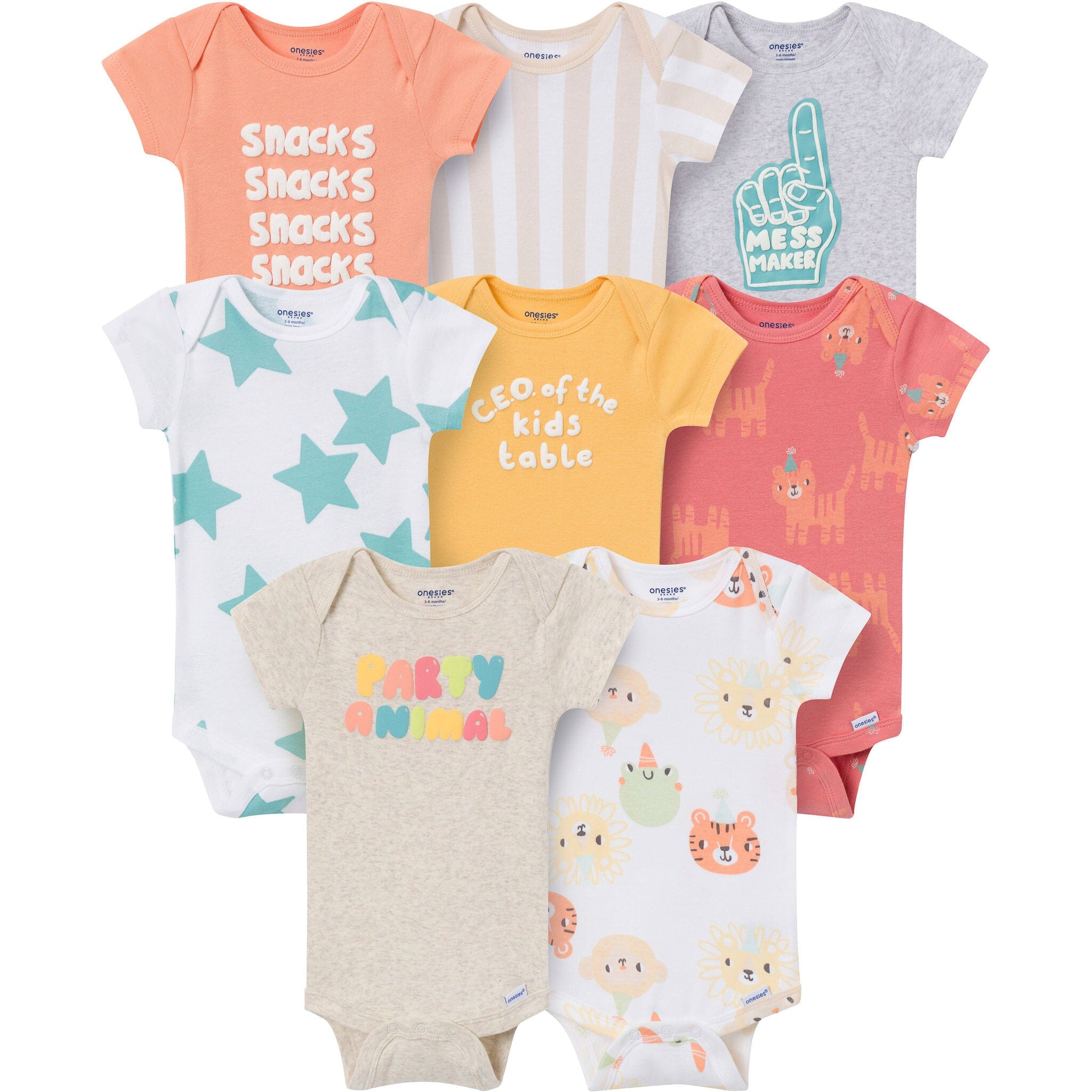 8-Pack Baby Neutral Party Animal Onesies Brand Bodysuits