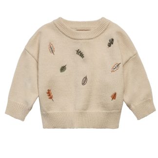 Baby Neutral Light Beige Embroidered Leaves Viscose Sweater
