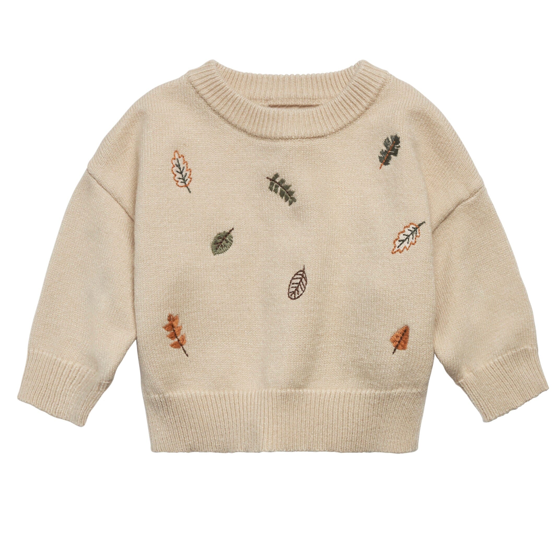 Baby Neutral Light Beige Embroidered Leaves Viscose Sweater