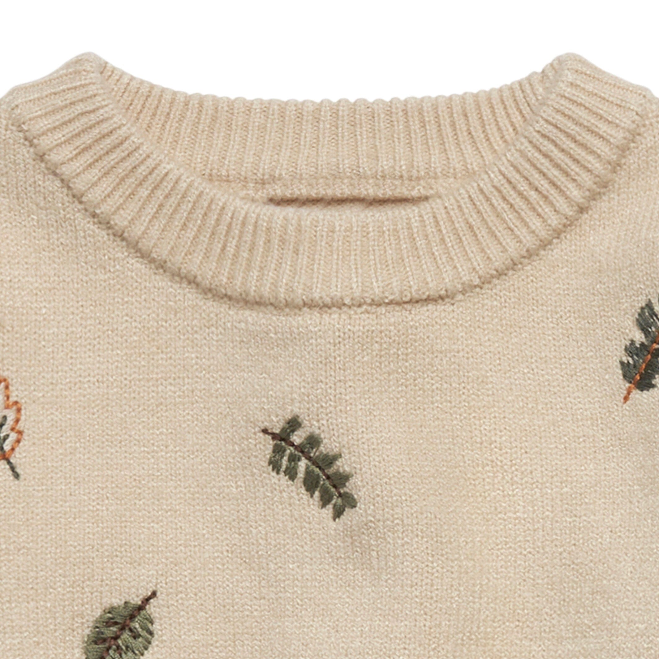 Baby Neutral Light Beige Embroidered Leaves Viscose Sweater - Image 2