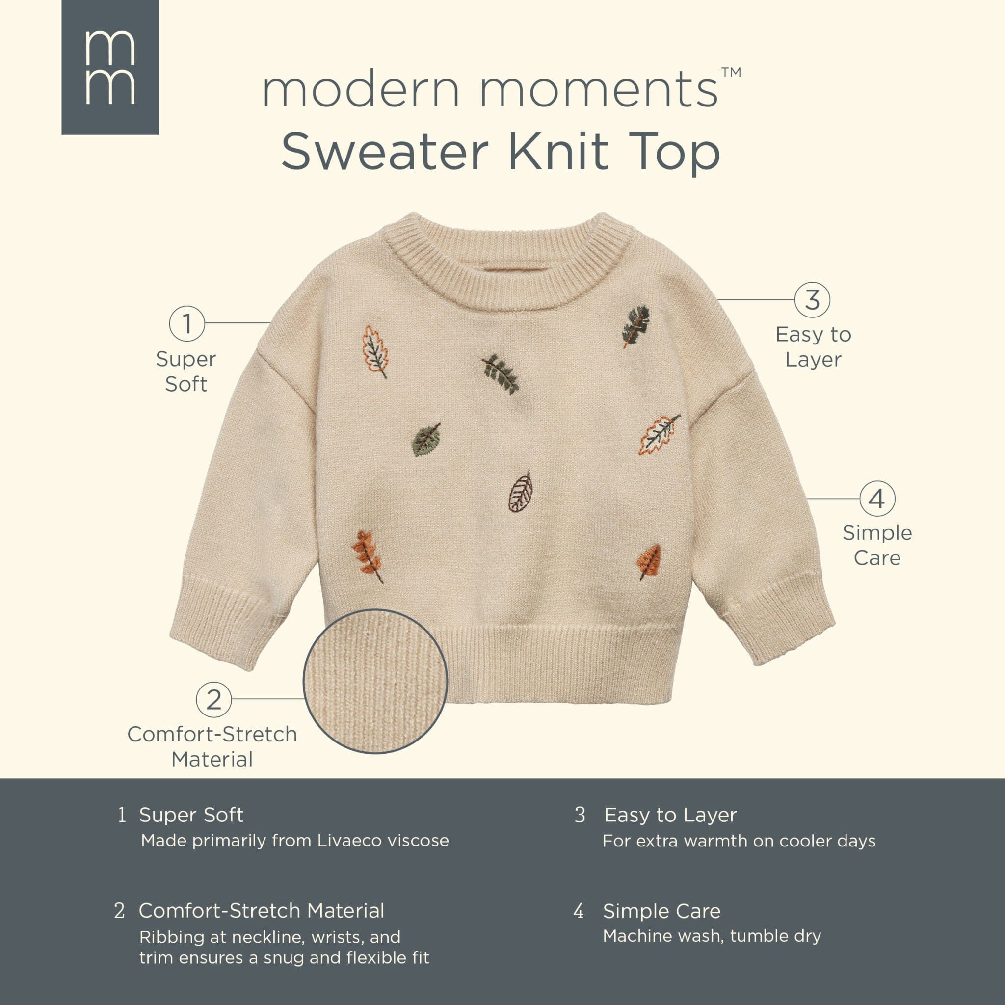 Baby Neutral Light Beige Embroidered Leaves Viscose Sweater - Image 5