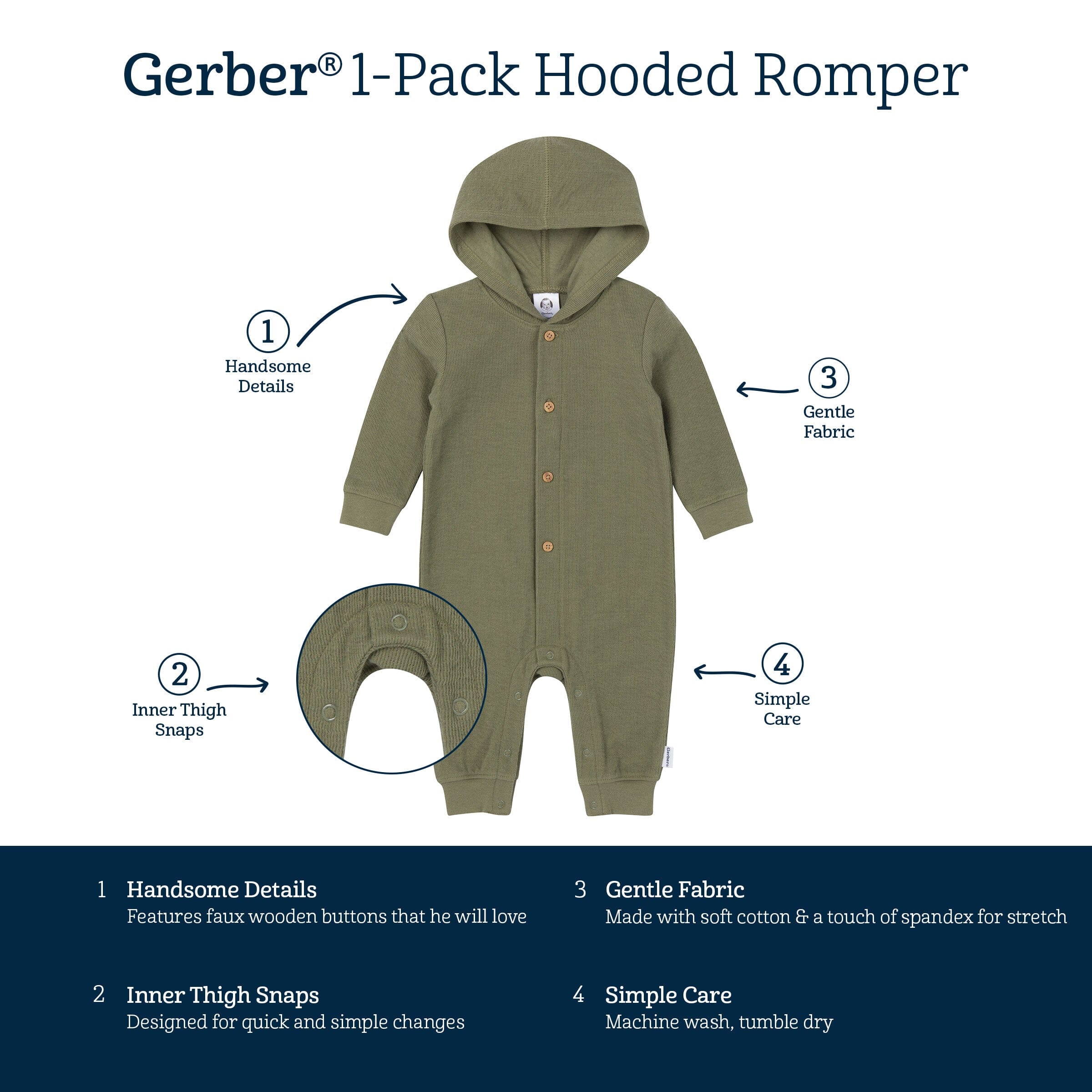 Baby Boys Olive Hooded Romper - Image 6