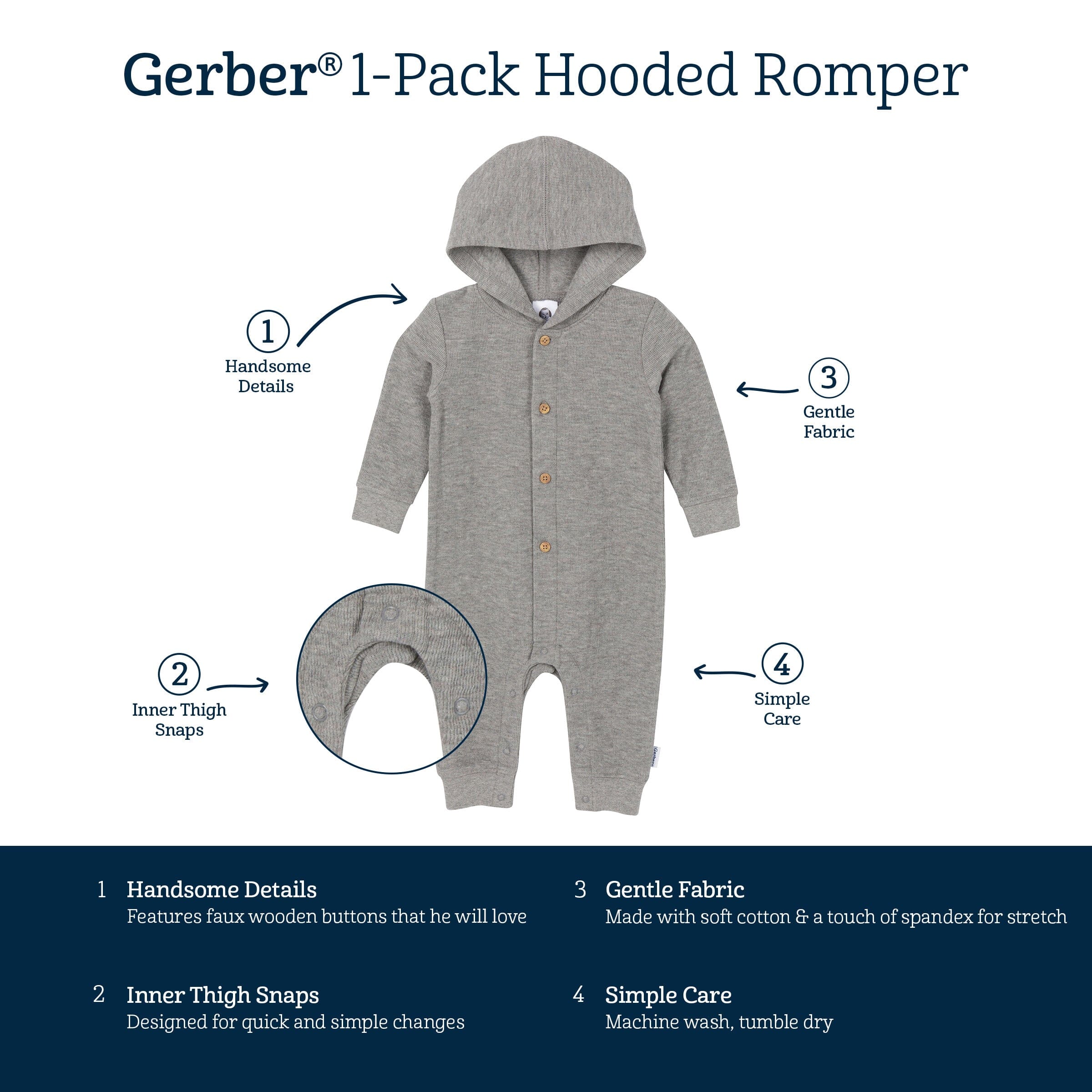 Baby Neutral Grey Heather Hooded Romper - Image 8