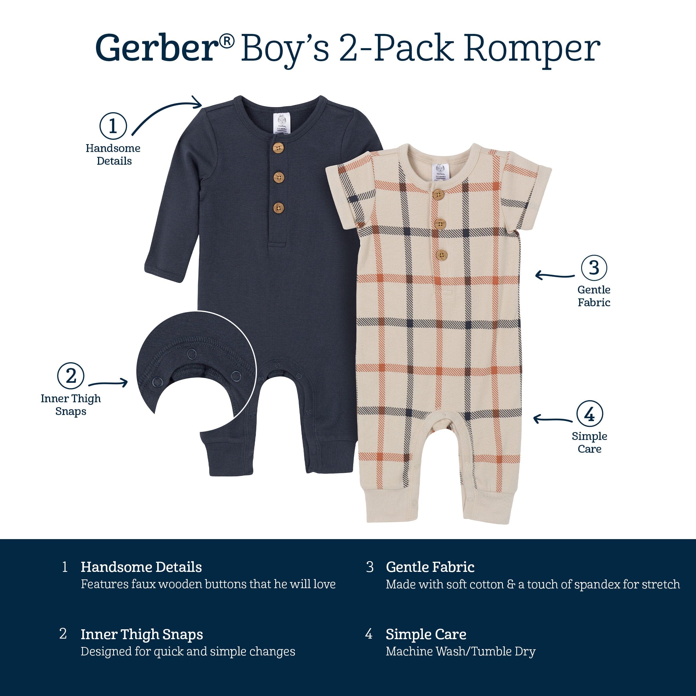 2-Pack Baby Boys Plaid & Navy Rompers - Image 8