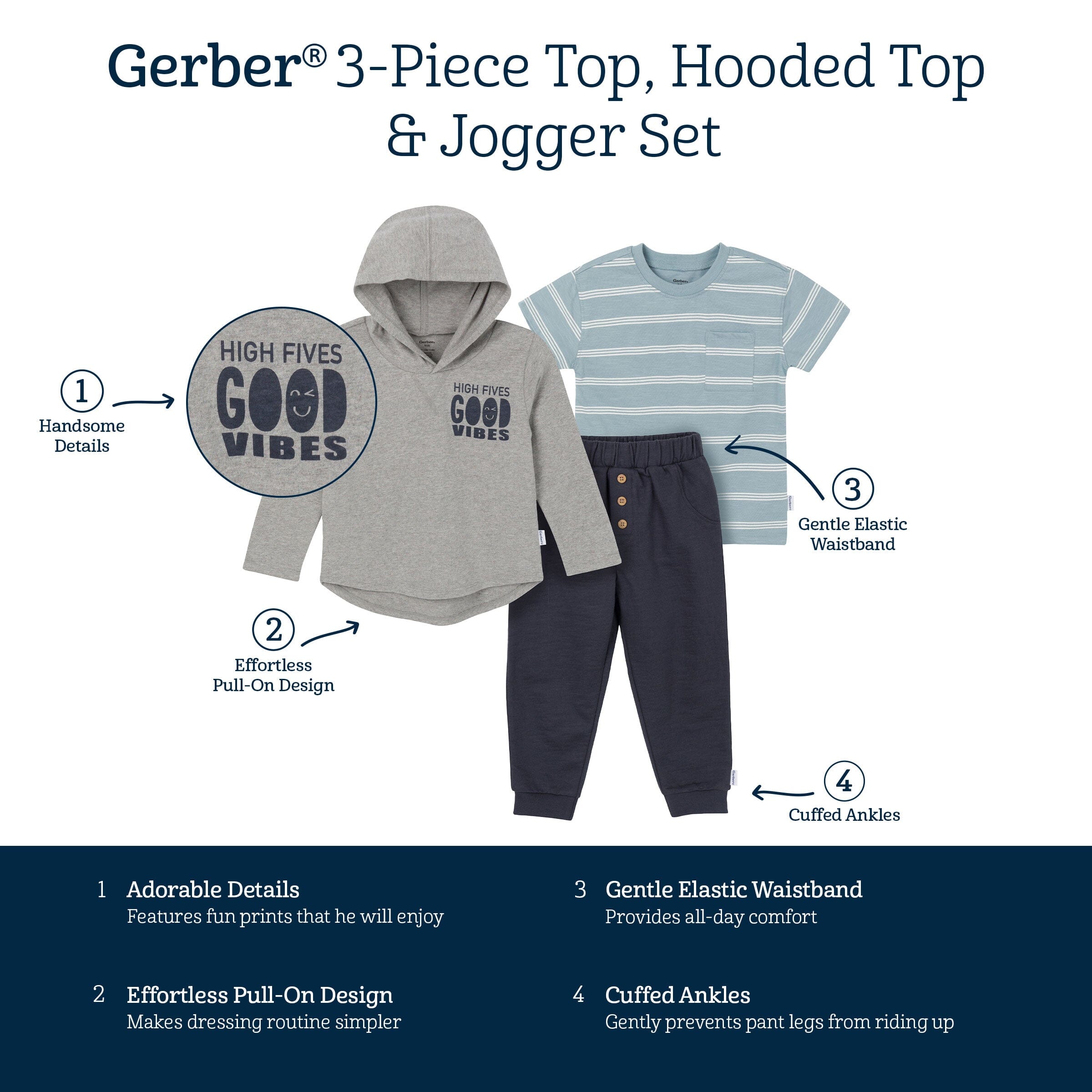 3-Piece Toddler Boys Good Vibes Tee, Hooded Top and Joggers Set - Image 9